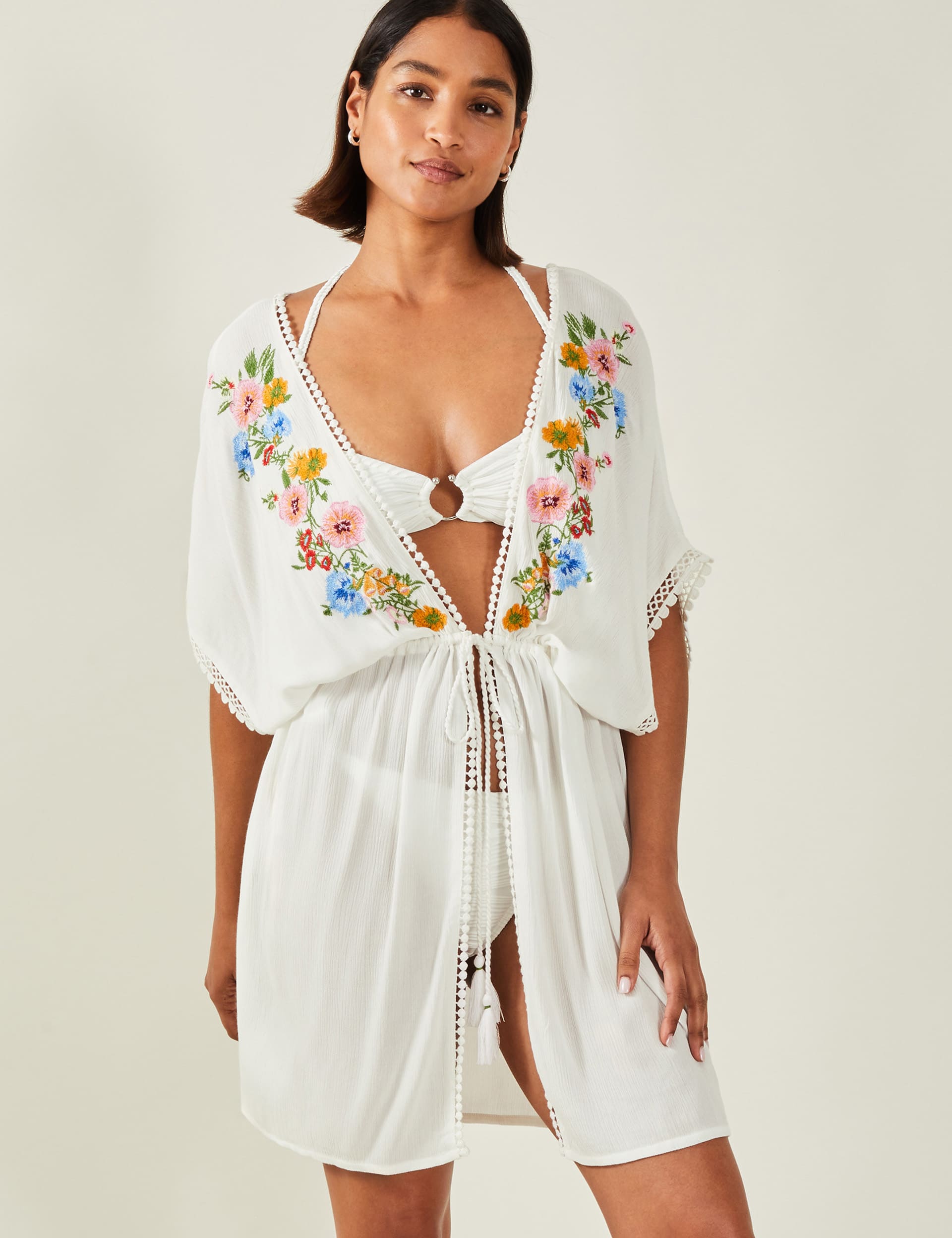 Accessorize Women's Floral Embroidered Mini Kaftan Dress - Ivory Mix, Ivory Mix