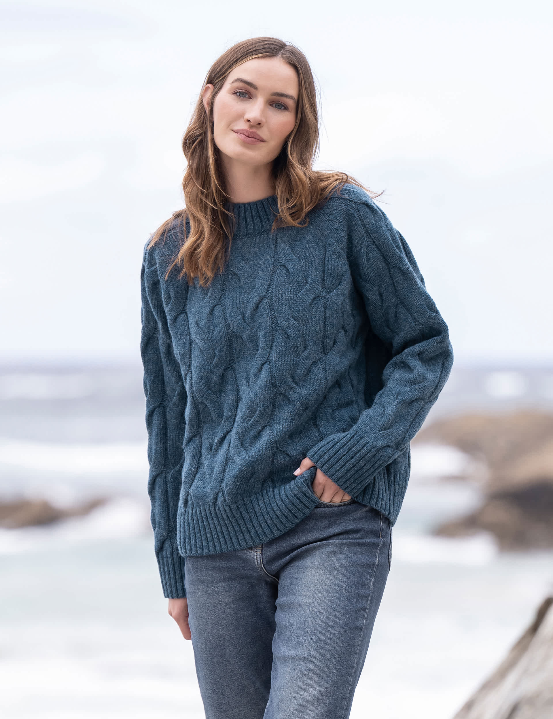 Celtic & Co. Women's Pure Wool Cable Knit Relaxed Jumper - S - Indigo, Indigo