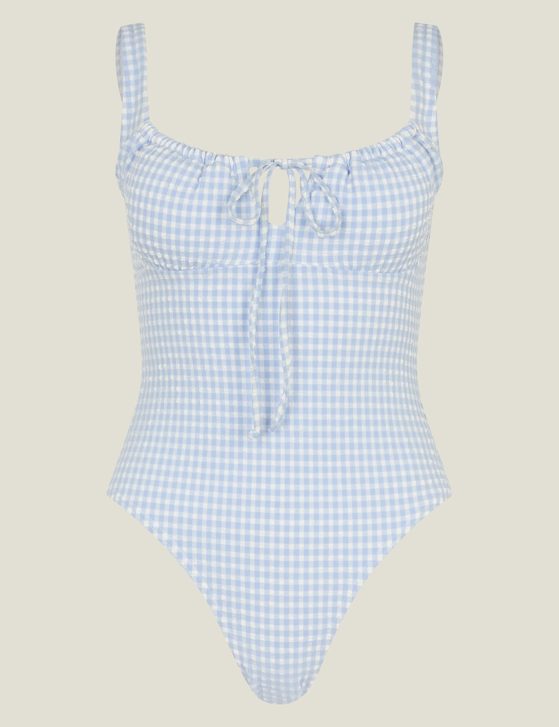 Accessorize Women's Gingham Padded Tie Detail Scoop Neck Swimsuit - 18 - Blue Mix, Blue Mix