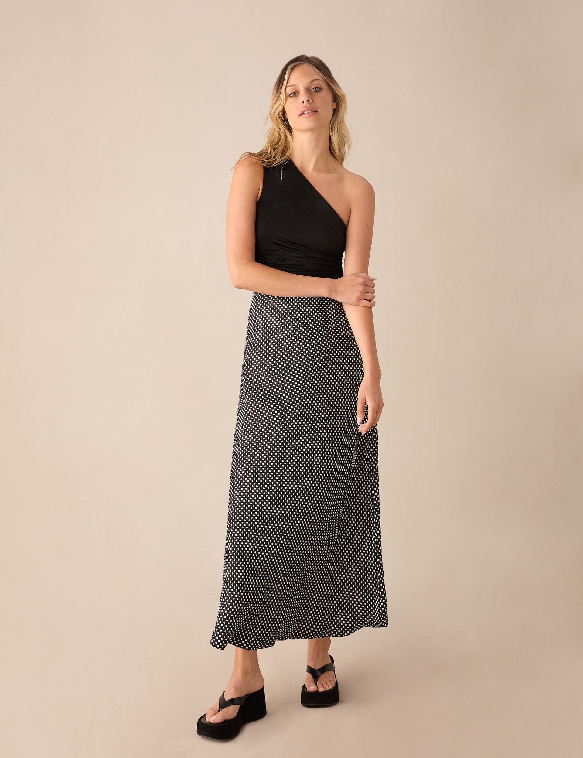 Ro&Zo Women's Satin Polka Dot Maxi Slip Skirt - 14REG - Black Mix, Black Mix