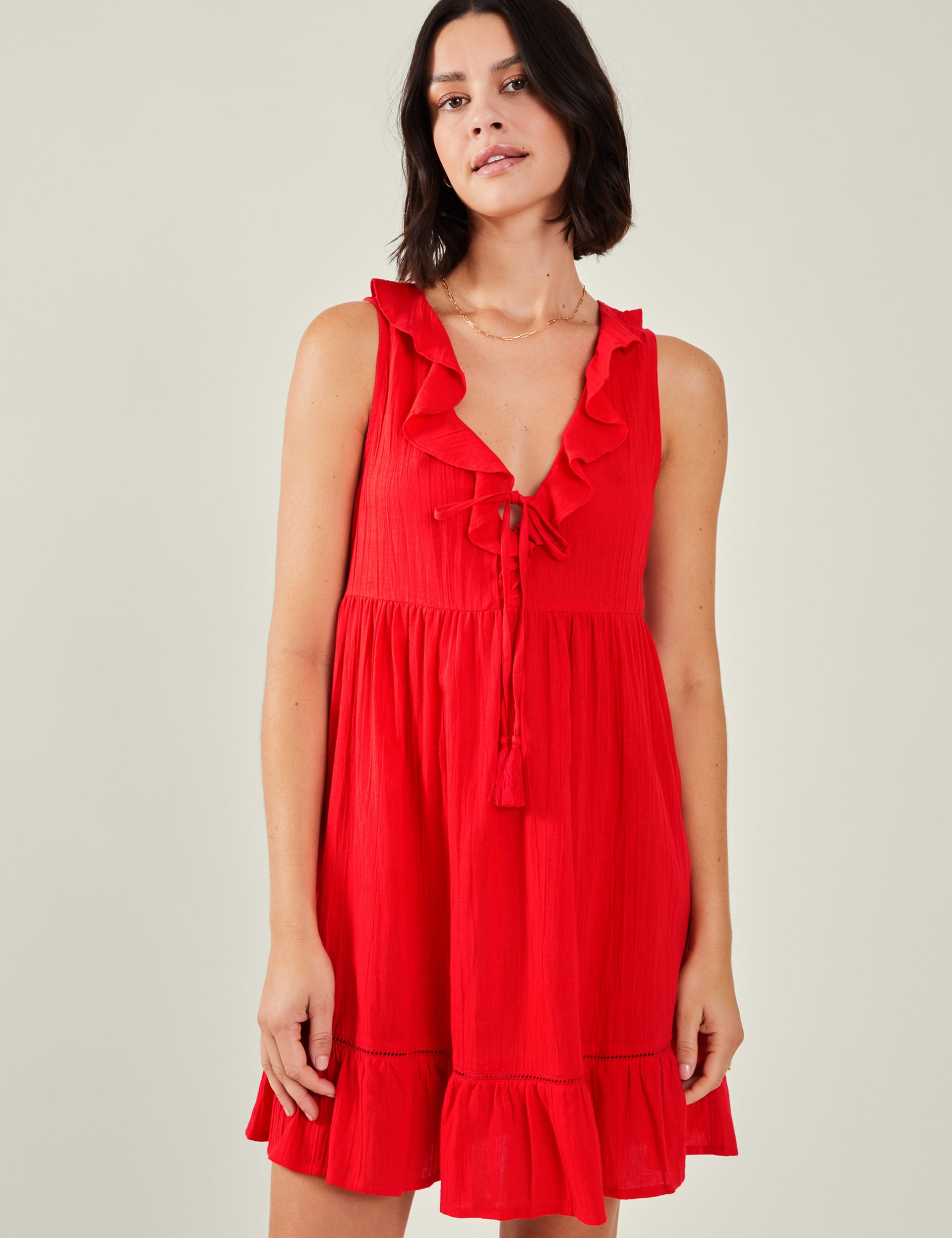 Accessorize Women's Pure Cotton V-Neck Ruffle Mini Beach Dress - Red, Red