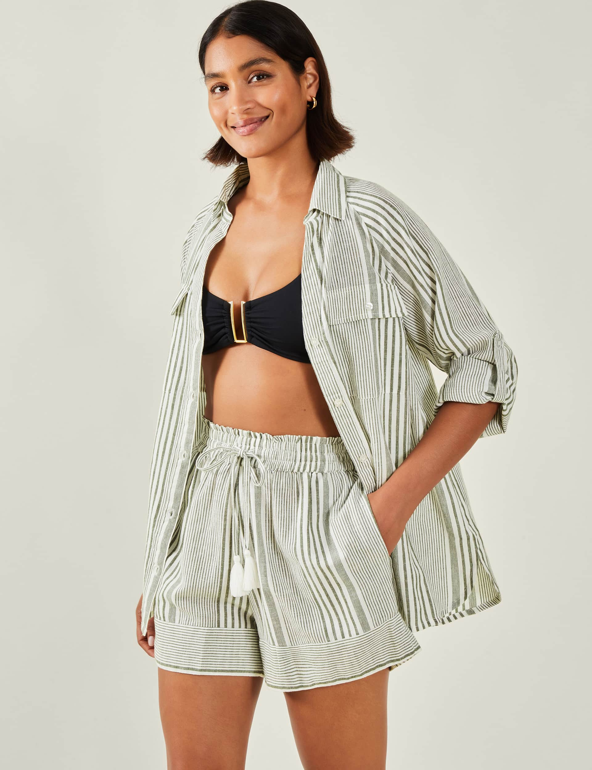 Accessorize Women's Cotton Rich Striped Beach Shirt with Linen - M - Khaki, Khaki