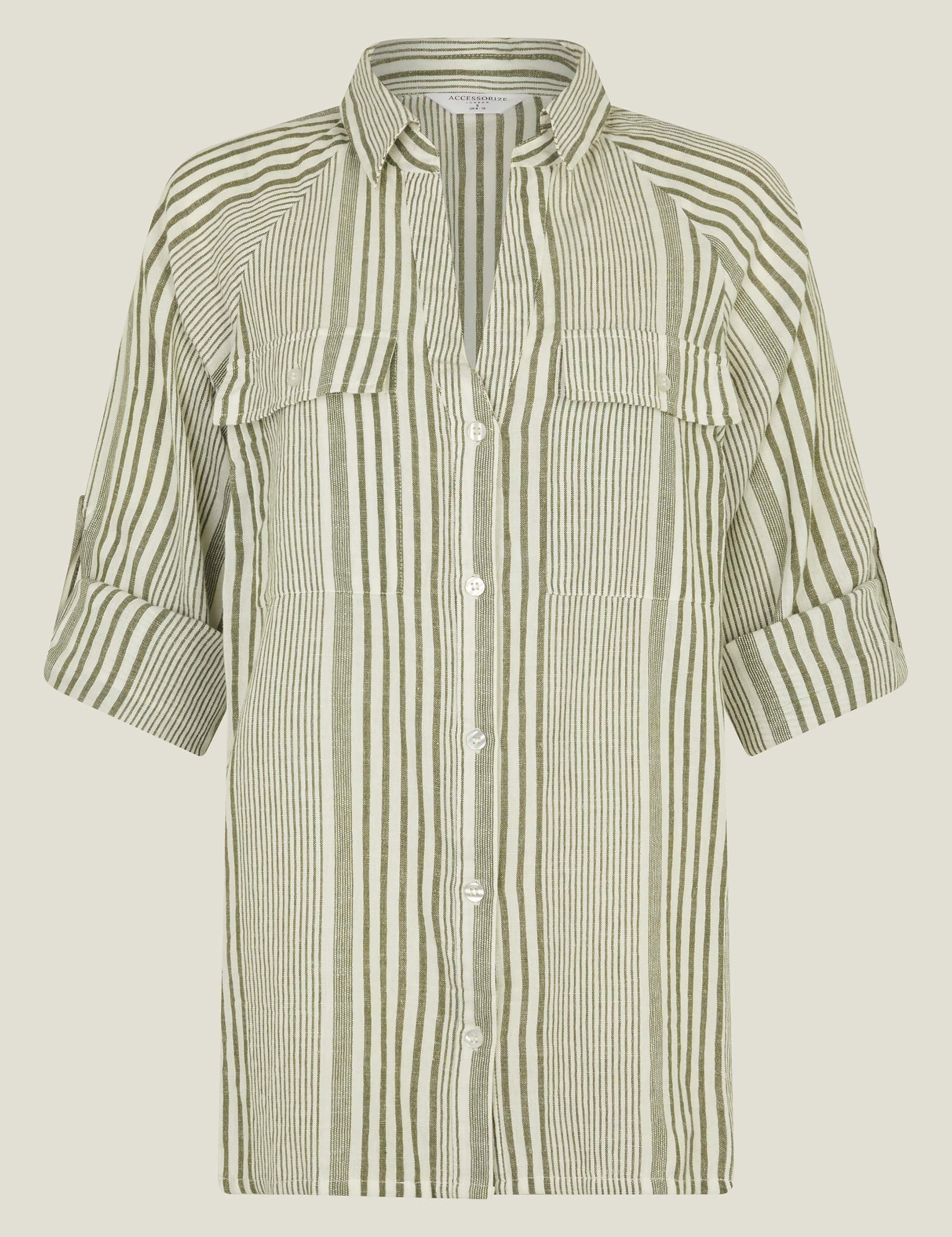 Accessorize Women's Cotton Rich Striped Beach Shirt with Linen - M - Khaki, Khaki