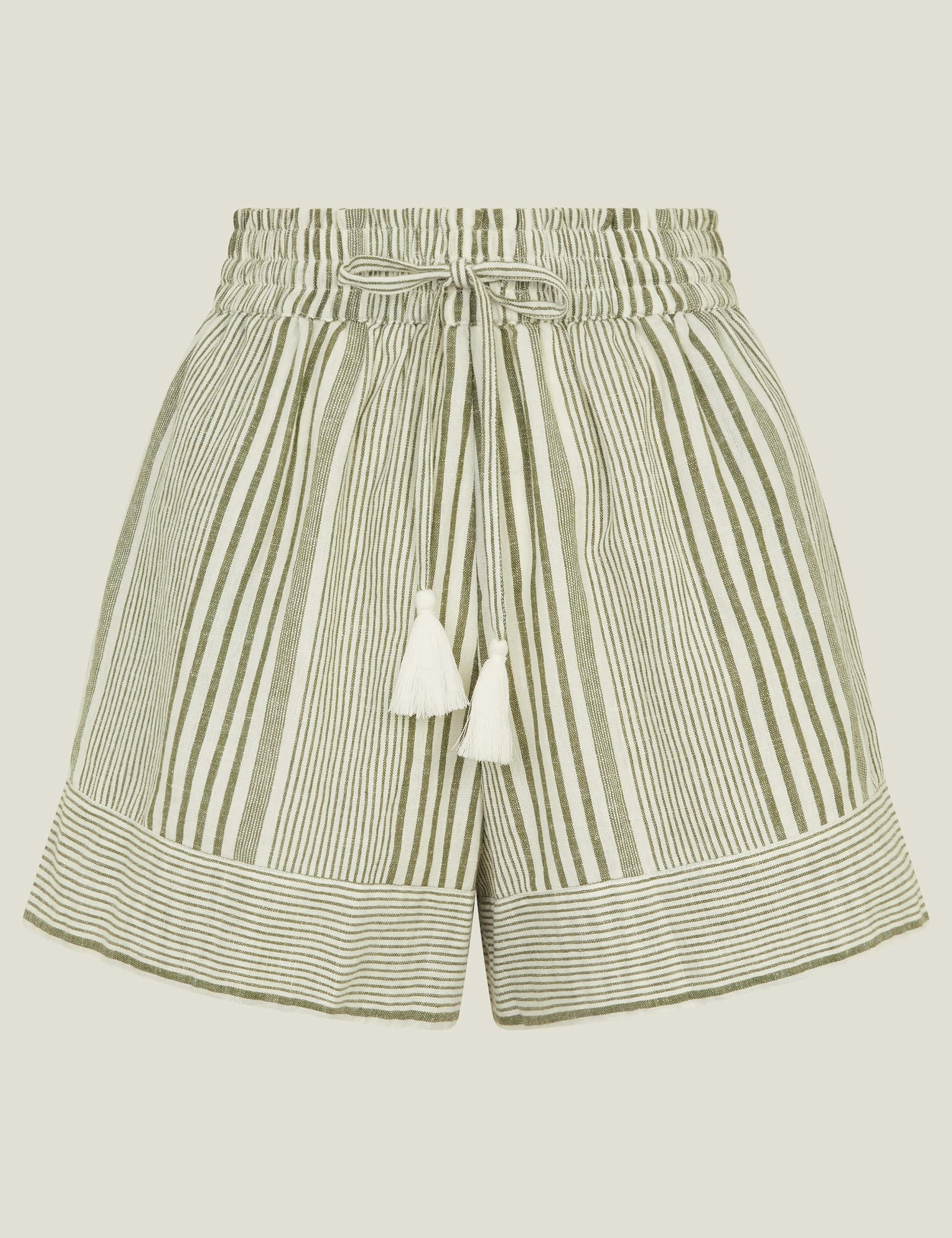 Accessorize Women's Cotton Rich Striped Shorts with Linen - M - Khaki, Khaki