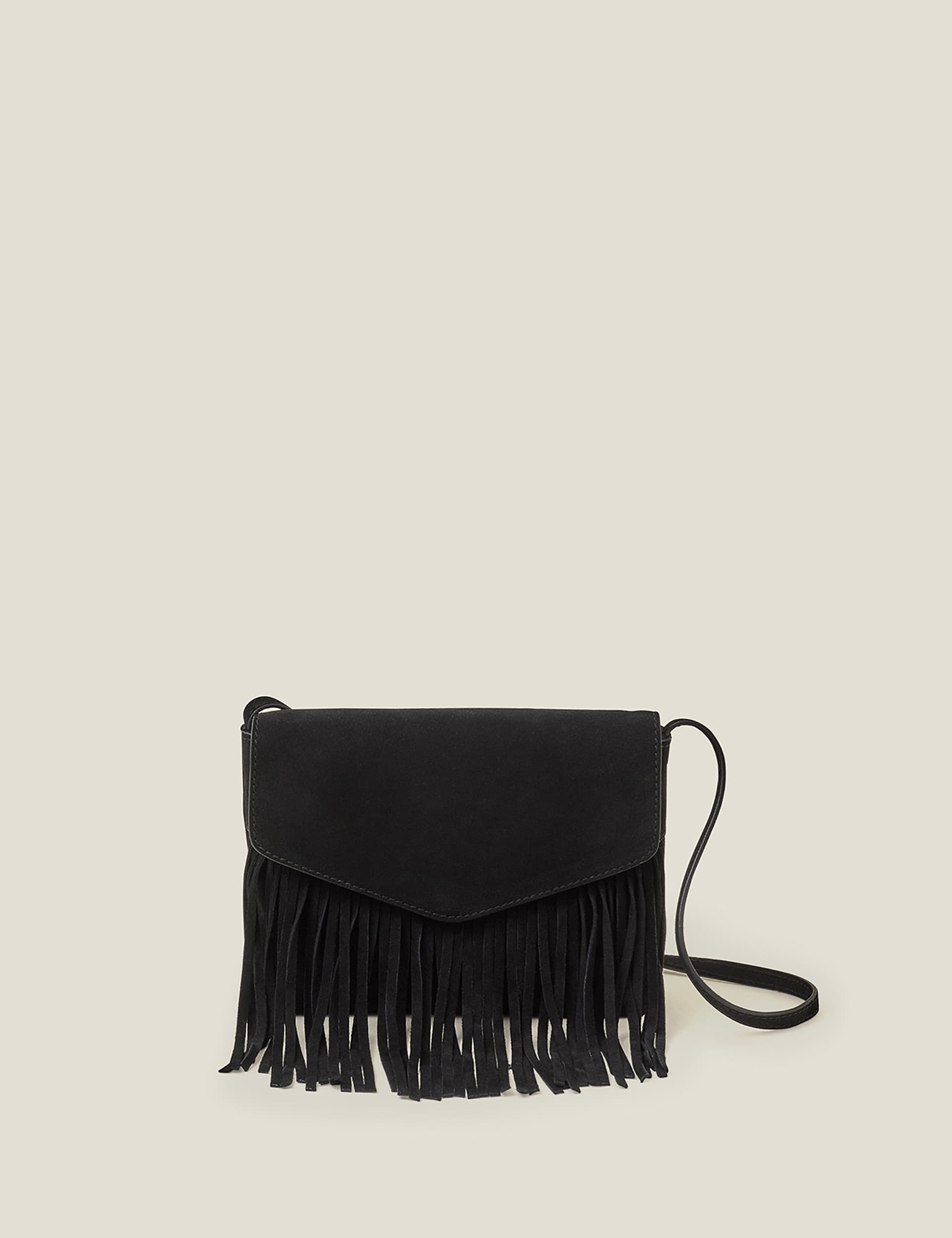 Accessorize Women's Suede Fringed Cross Body Bag - Black, Black