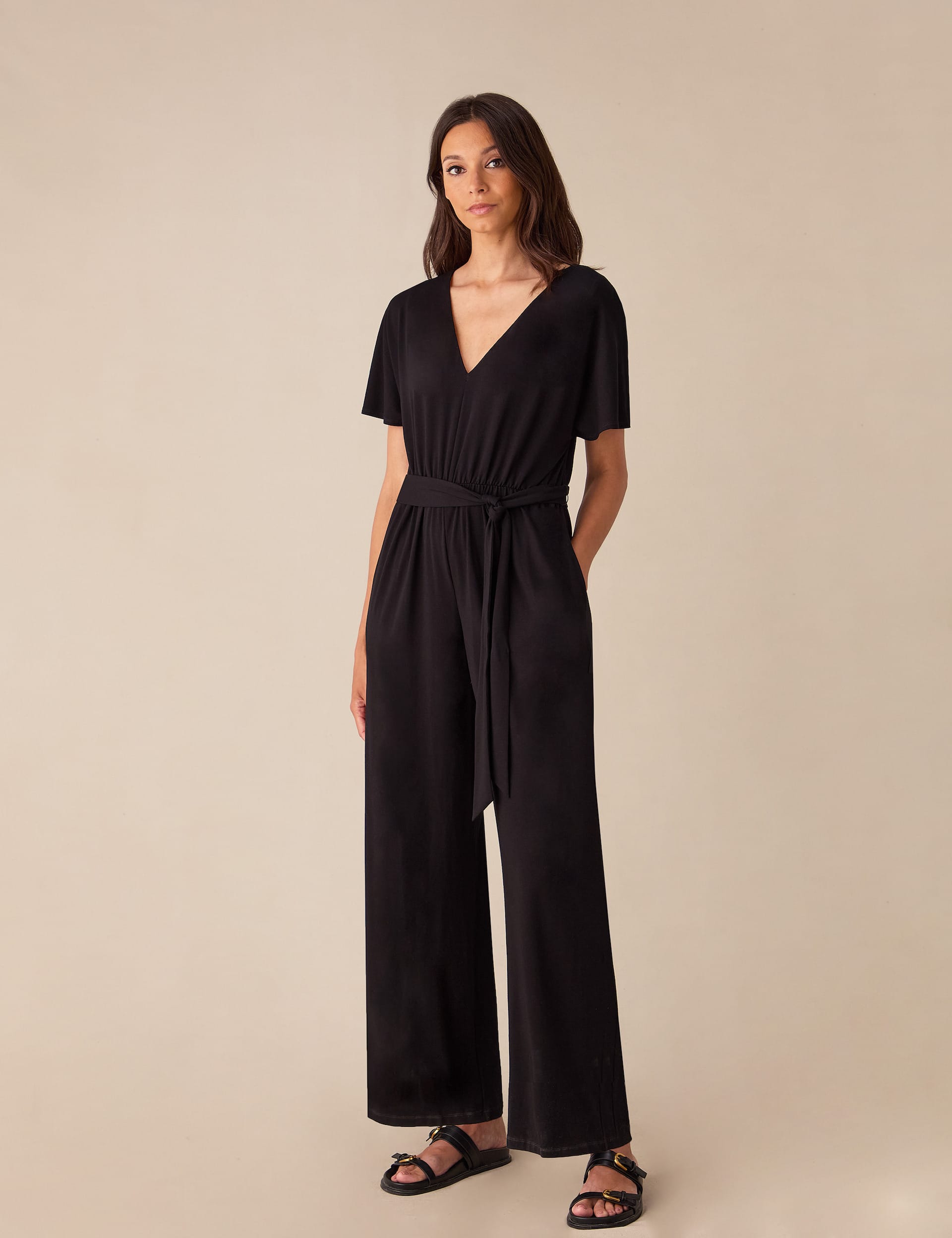 Ro&Zo Women's Jersey Belted Short Sleeve Wide Leg Jumpsuit - 12REG - Black, Black