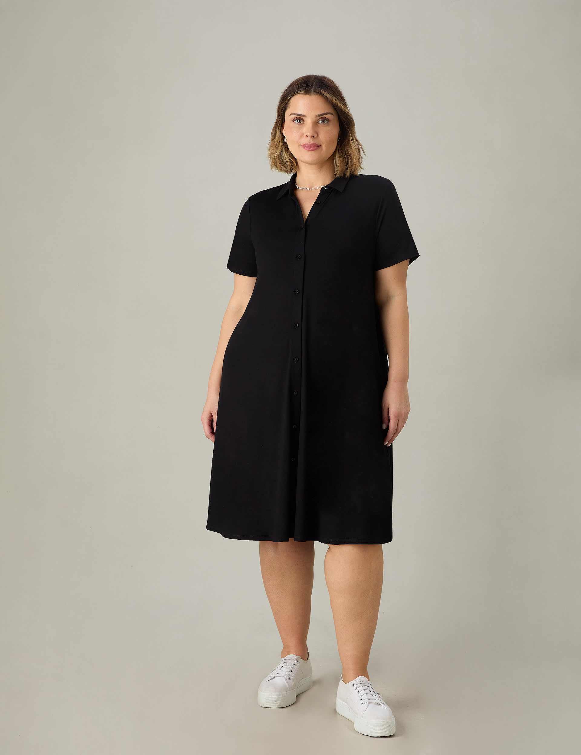 Live Unlimited London Women's Jersey Collared Knee Length Shirt Dress - 16REG - Black, Black