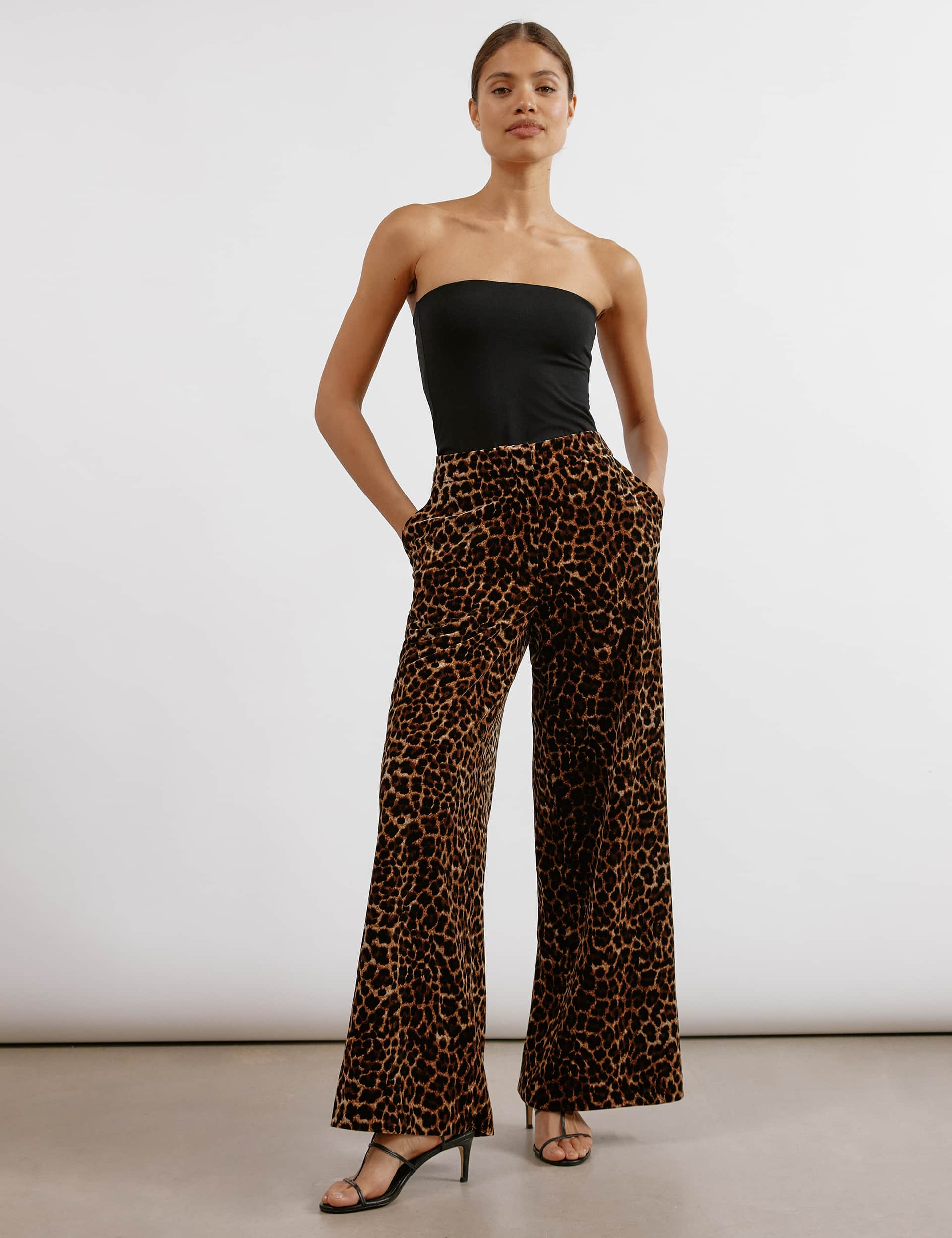 Albaray Women's Velvet Animal Print Wide Leg Trousers - 16 - Brown Mix, Brown Mix