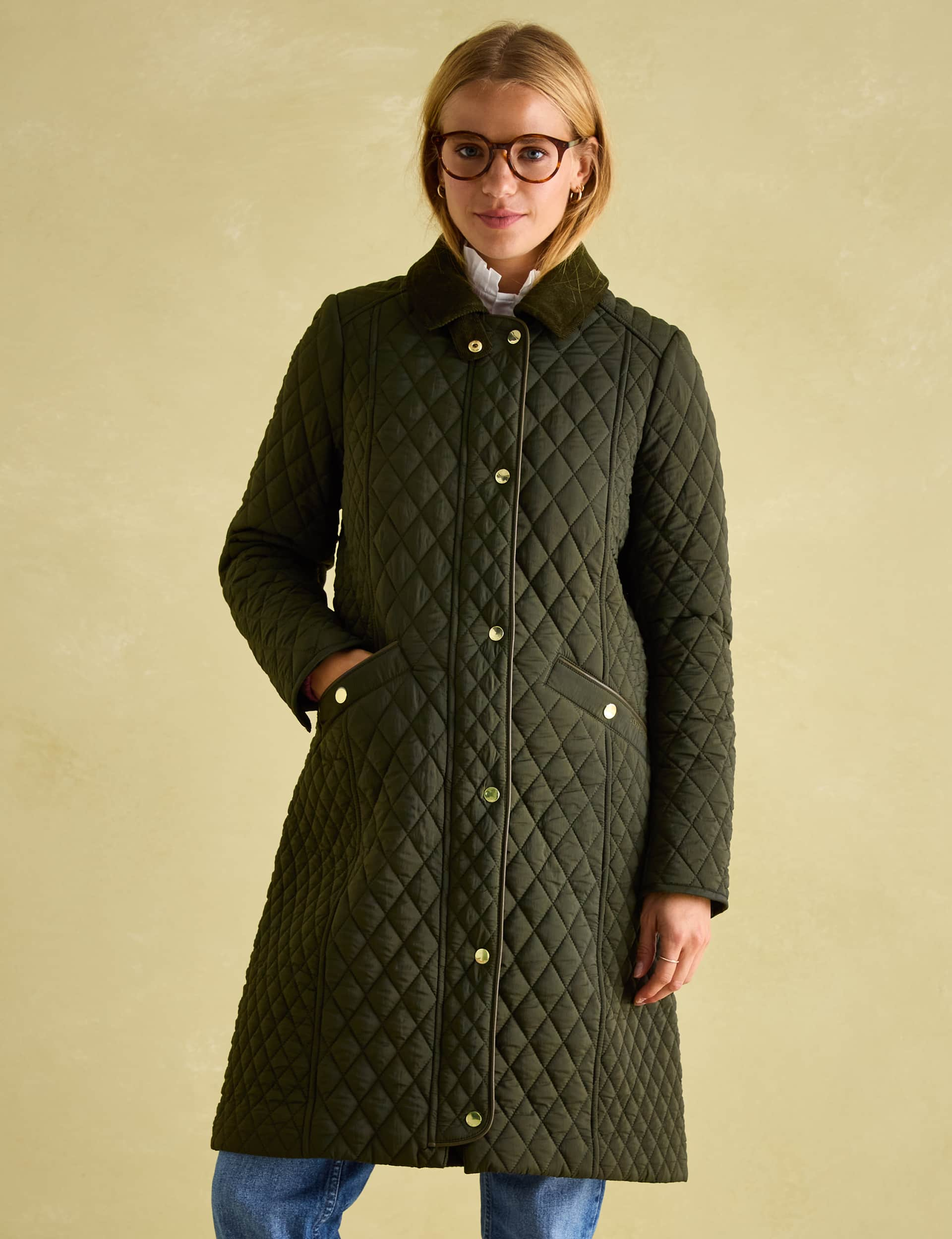 Joules Women's Showerproof Diamond Quilted Longline Coat - 12 - Green, Green