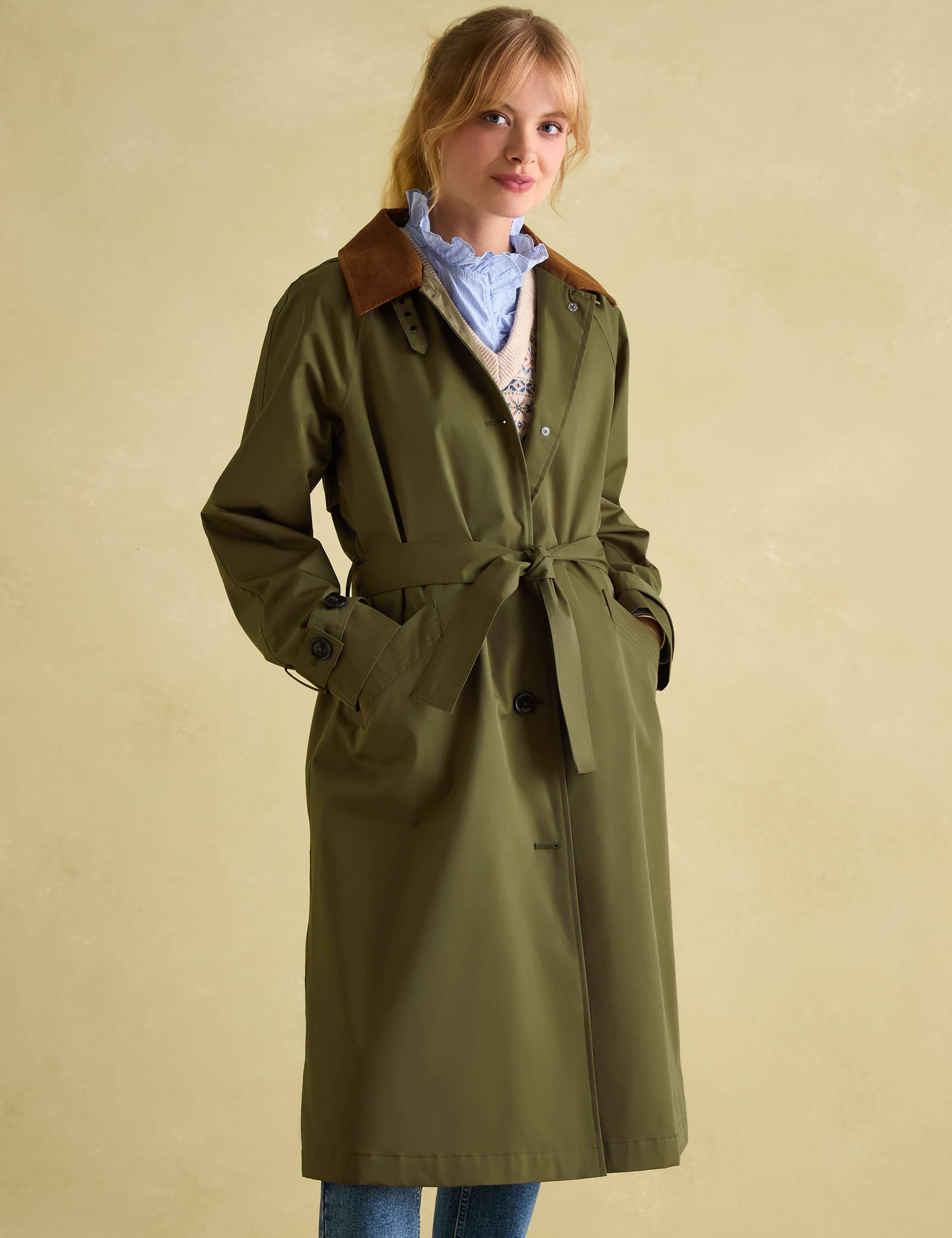 Joules Women's Cotton Rich Waterproof Belted Trench Coat - 12 - Khaki, Khaki