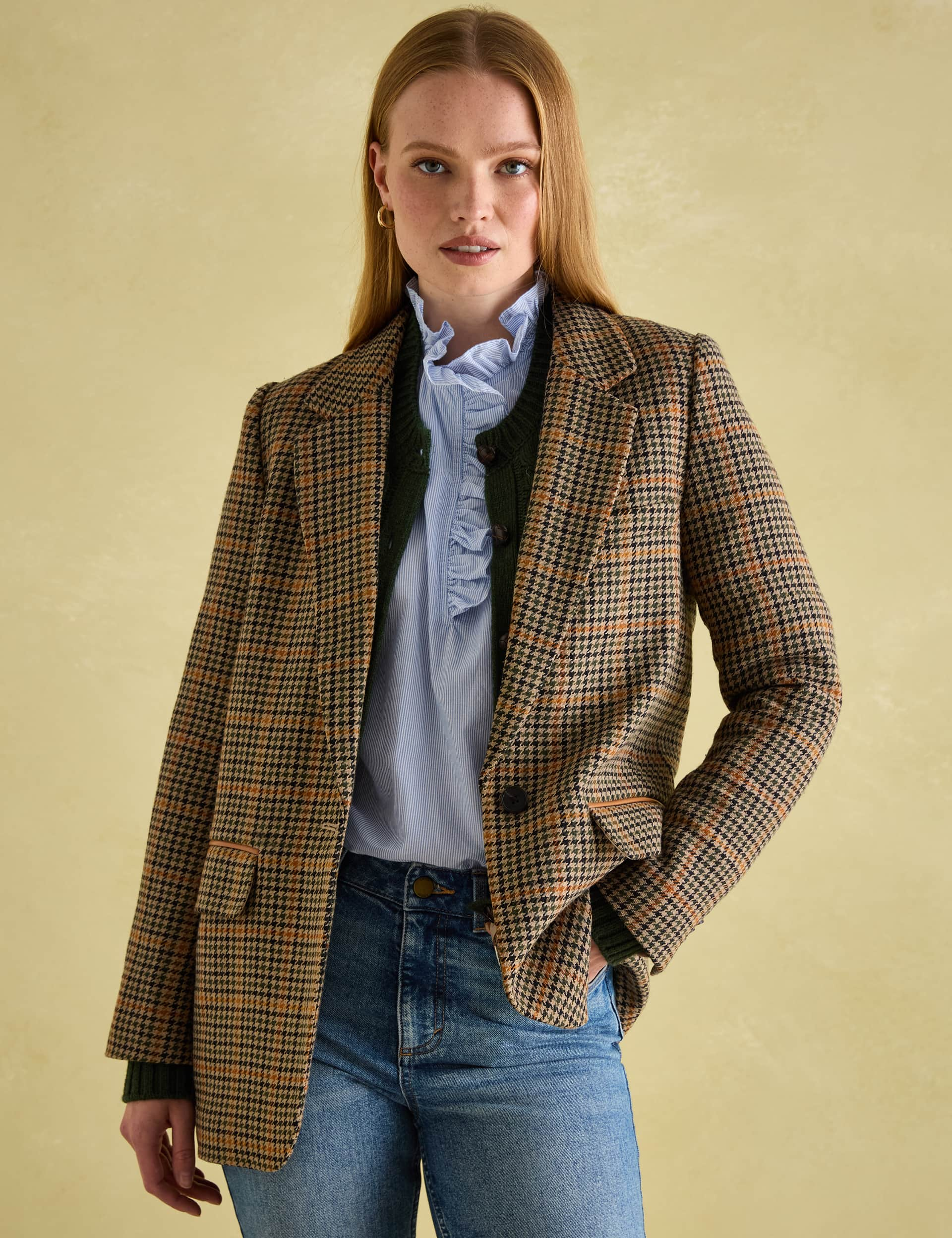 Joules Women's Checked Longline Blazer with Wool - 12 - Brown Mix, Brown Mix