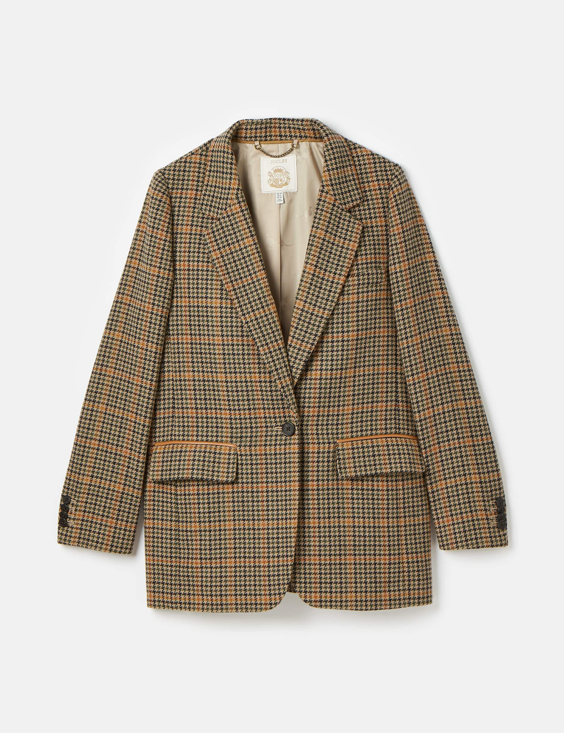 Joules Women's Checked Longline Blazer with Wool - 12 - Brown Mix, Brown Mix