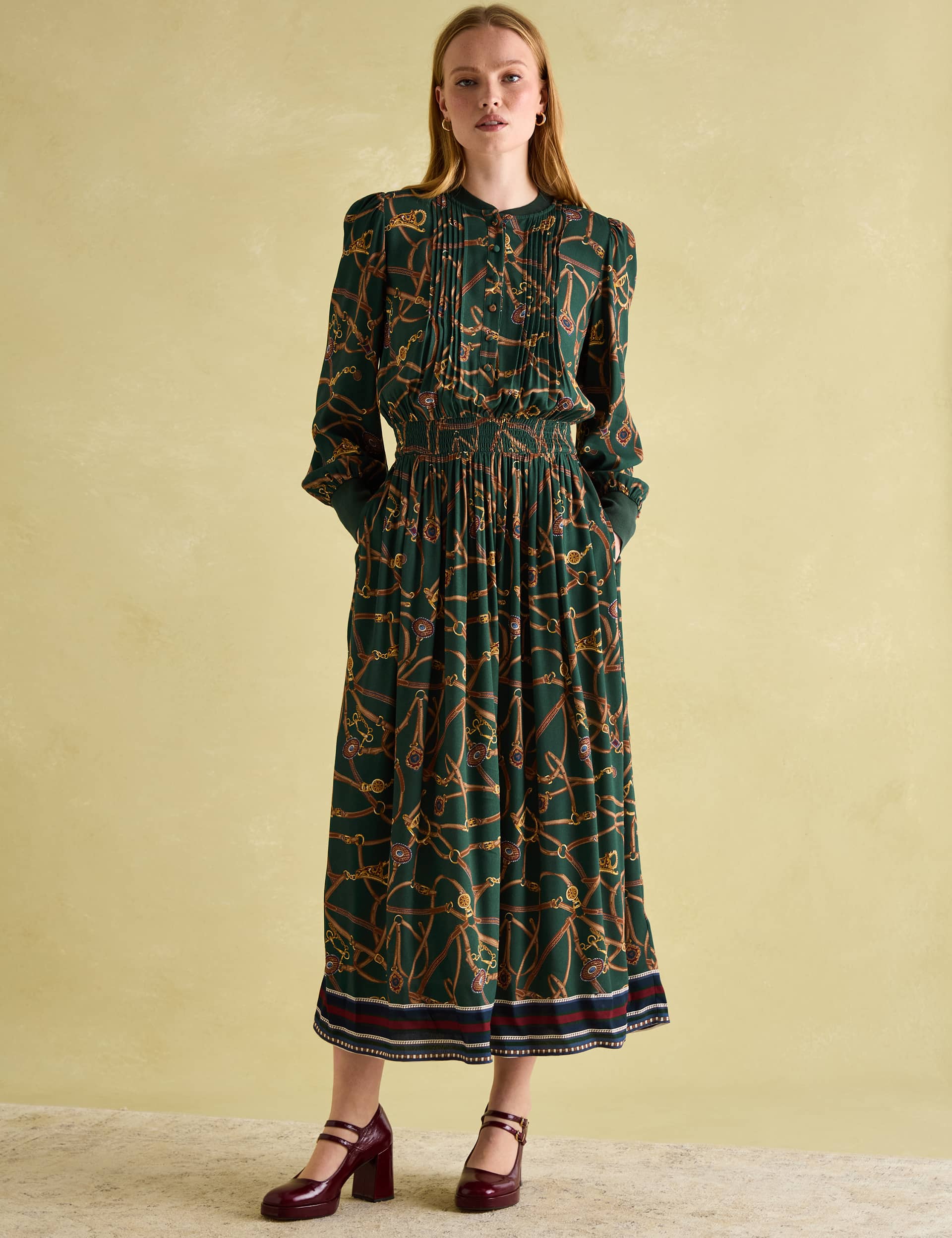 Joules Women's Printed Round Neck Midaxi Waisted Dress - 16 - Green Mix, Green Mix