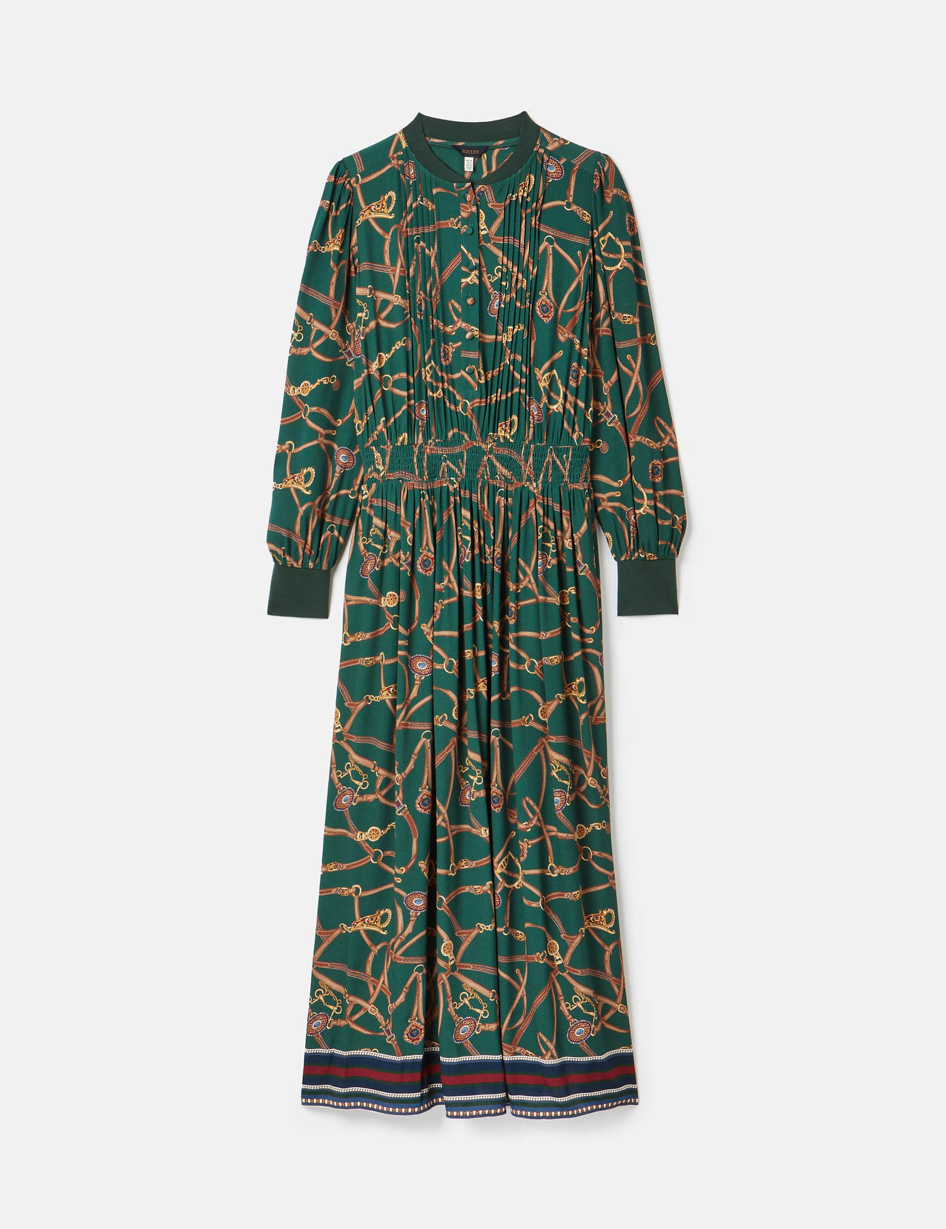 Joules Women's Printed Round Neck Midaxi Waisted Dress - 14 - Green Mix, Green Mix