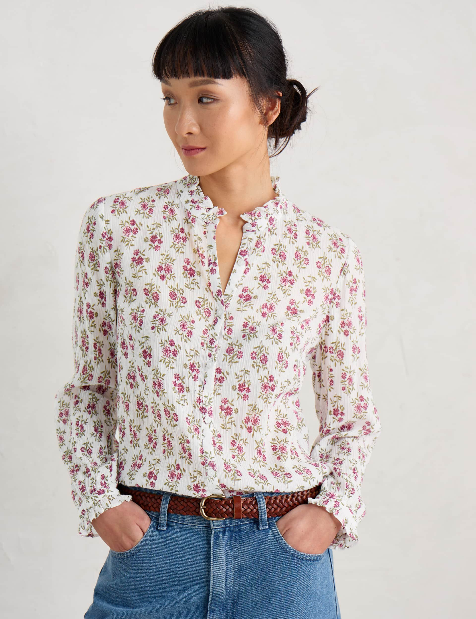 Seasalt Cornwall Women's Pure Cotton Floral High Neck Shirt - 18 - White Mix, White Mix