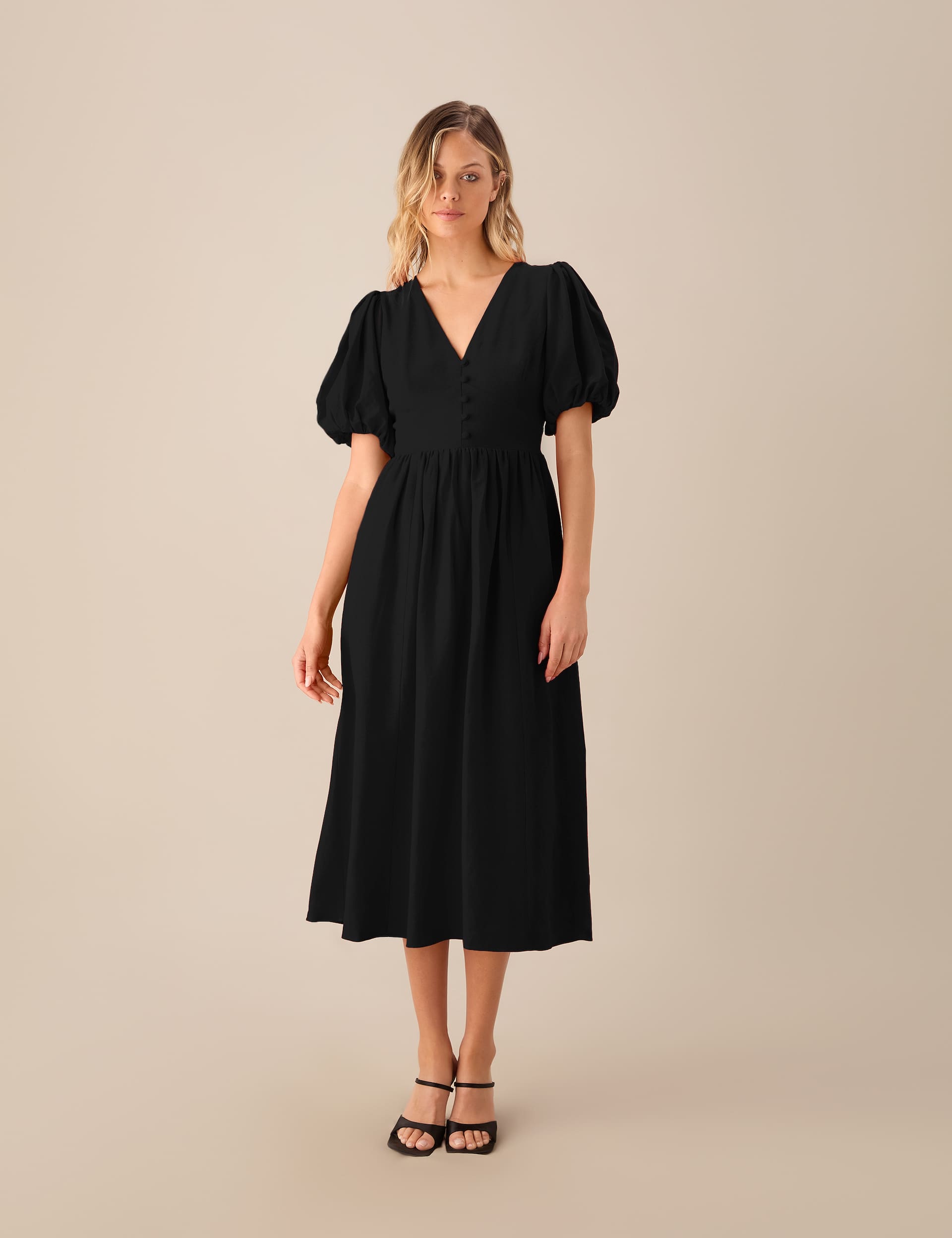 Ro&Zo Women's V-Neck Puff Sleeve Midi Tea Dress