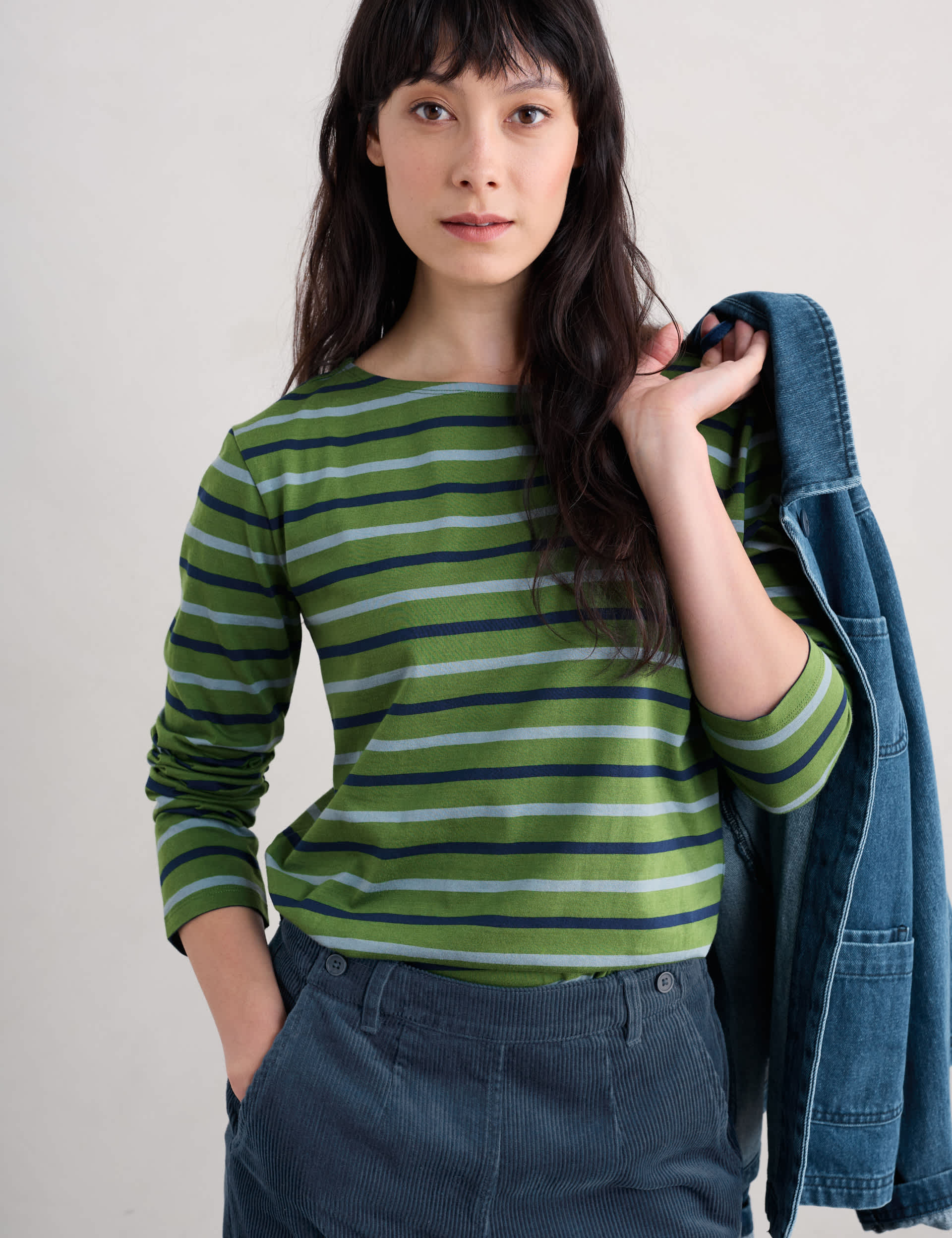 Seasalt Cornwall Women's Pure Cotton Striped Slash Neck Top - 14 - Green Mix, Green Mix