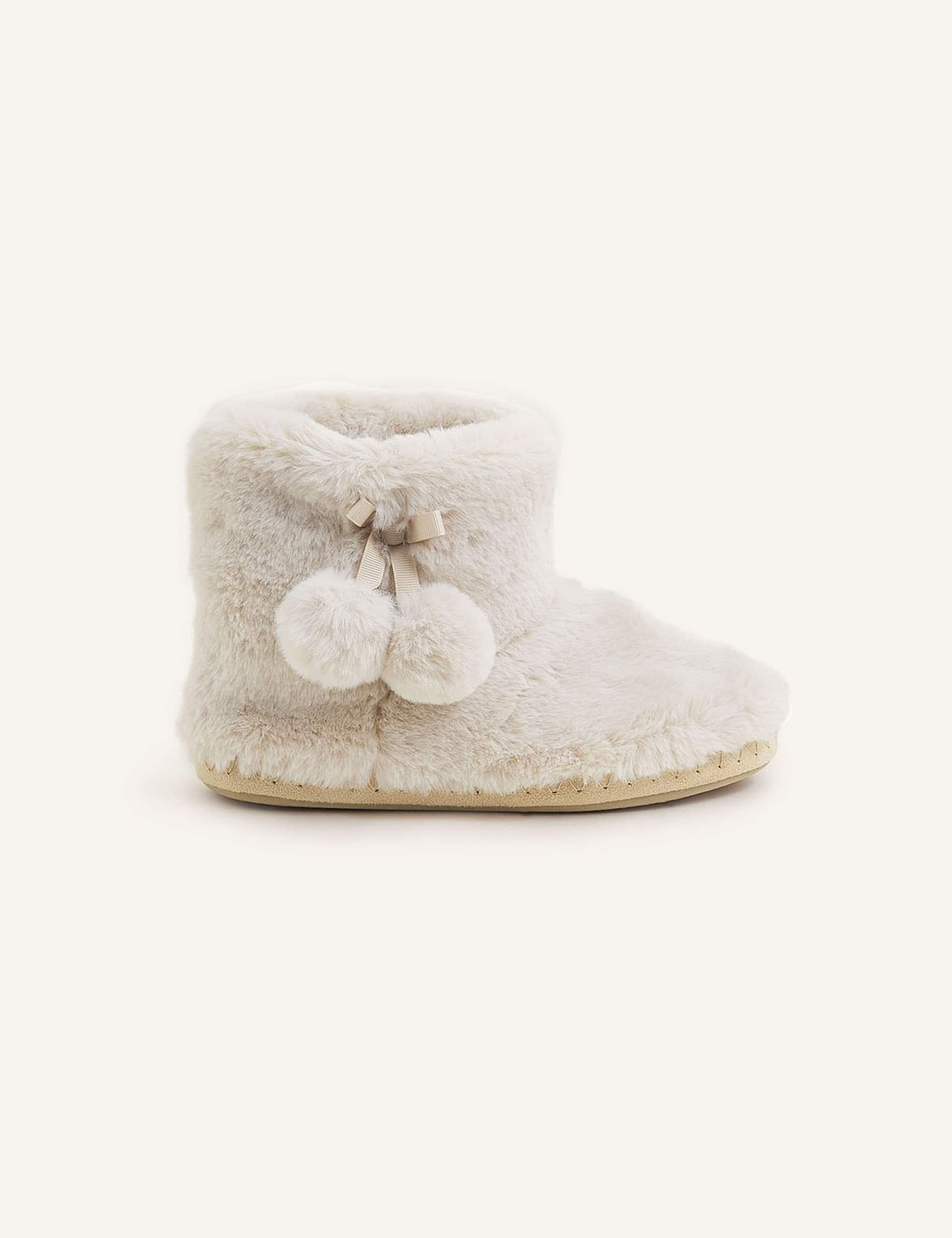 Accessorize Women's Supersoft Faux Fur Pom Pom Slipper Boots - Cream, Cream,Grey