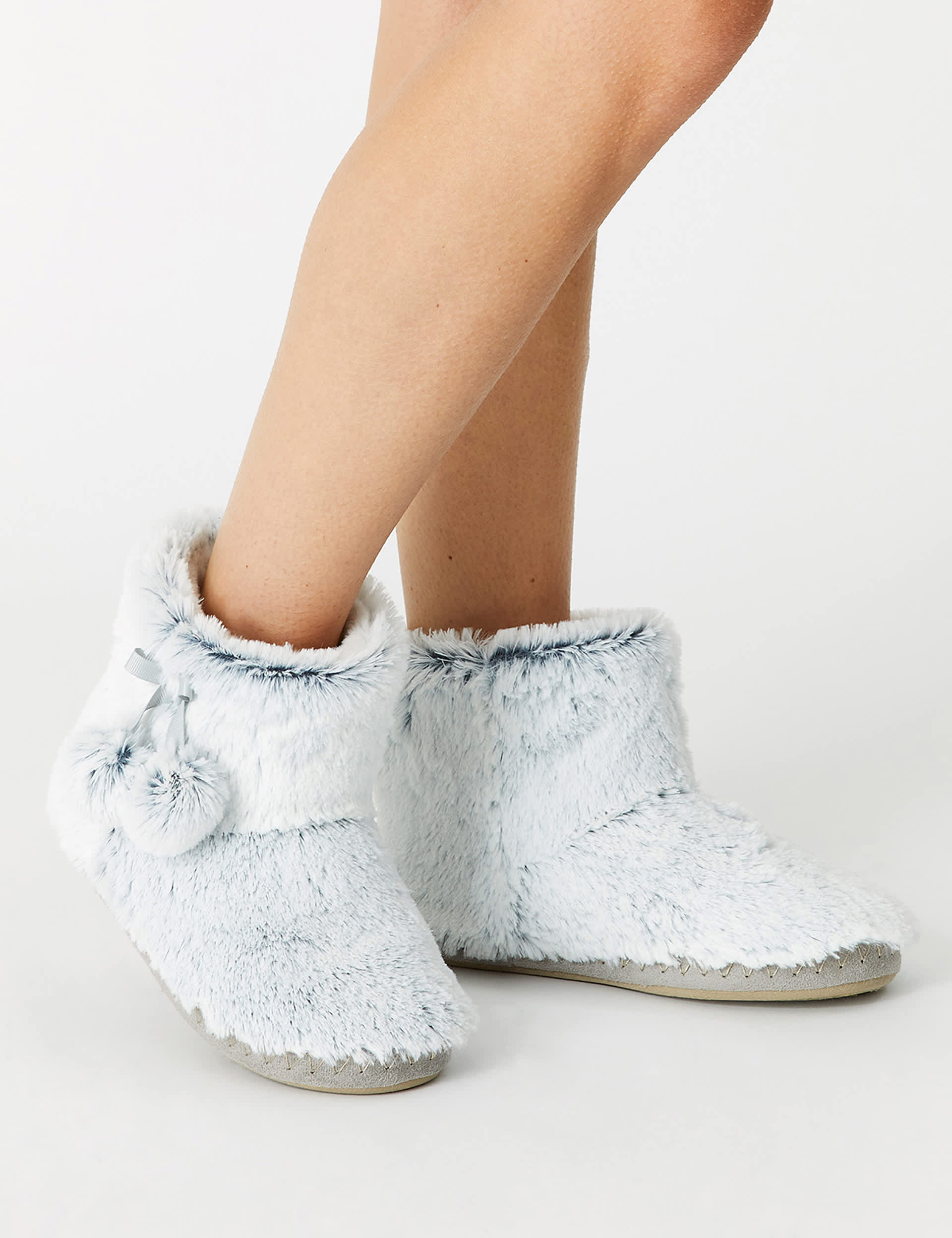 Accessorize Women's Supersoft Faux Fur Pom Pom Slipper Boots - Grey, Grey,Cream