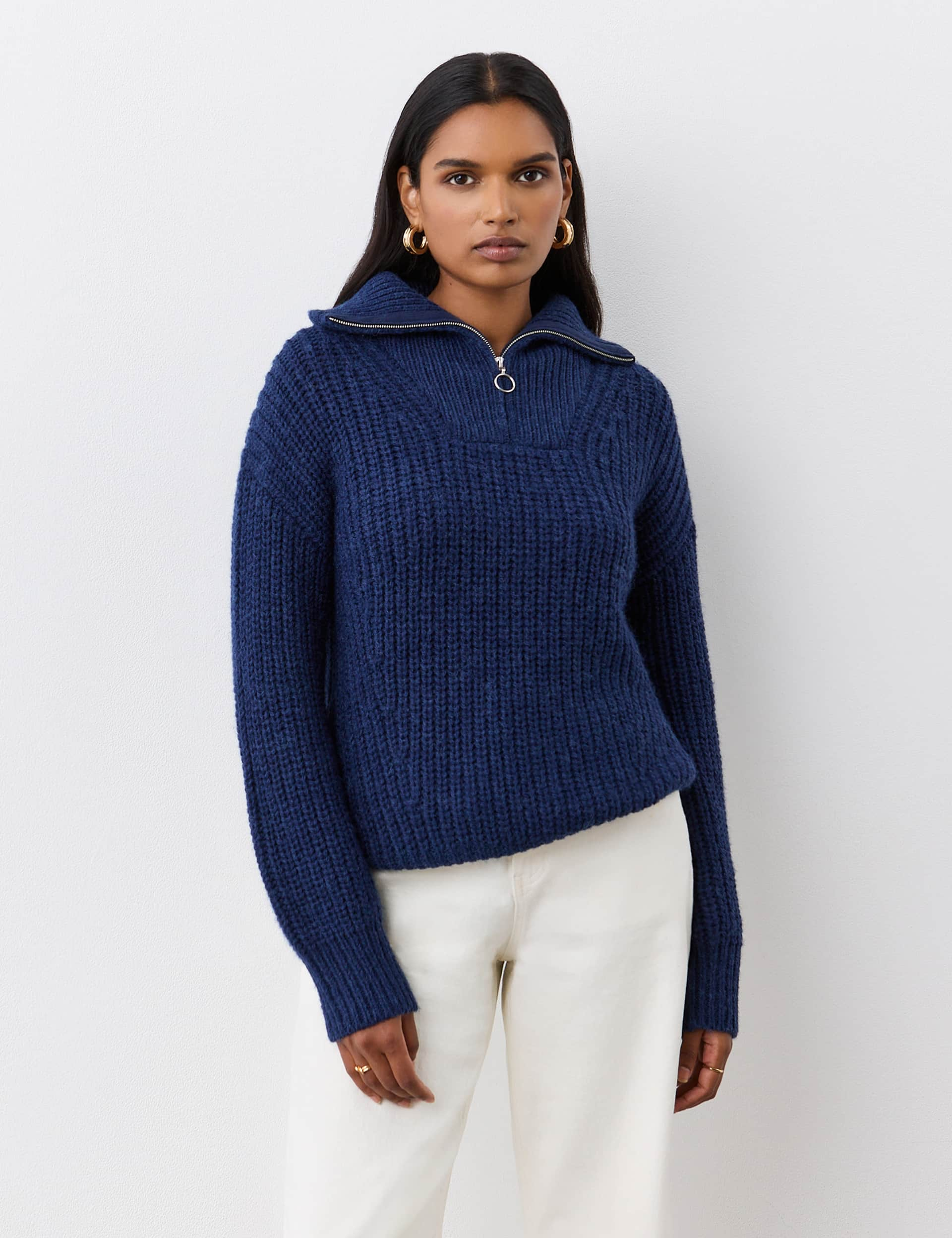 Finery London Women's Textured Collared Half Zip Jumper with Wool - 18 - Navy, Grey,Blue,Navy,Brown