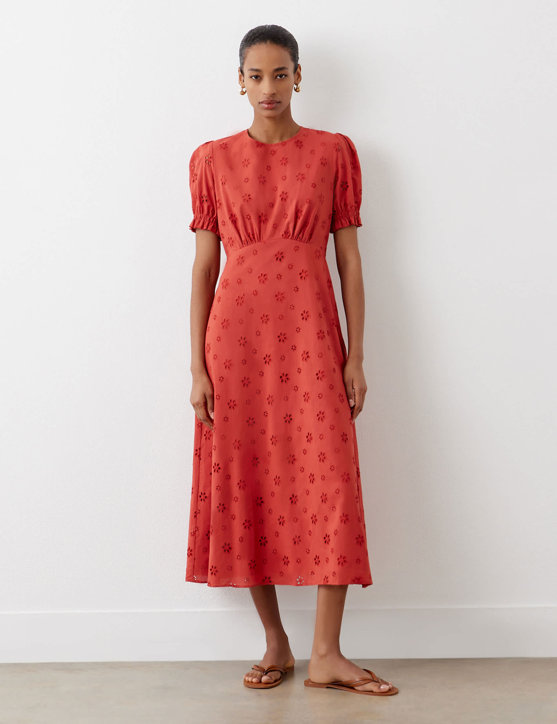 Finery London Women's Pure Cotton Broderie Midi Waisted Dress - 12 - Red, Red