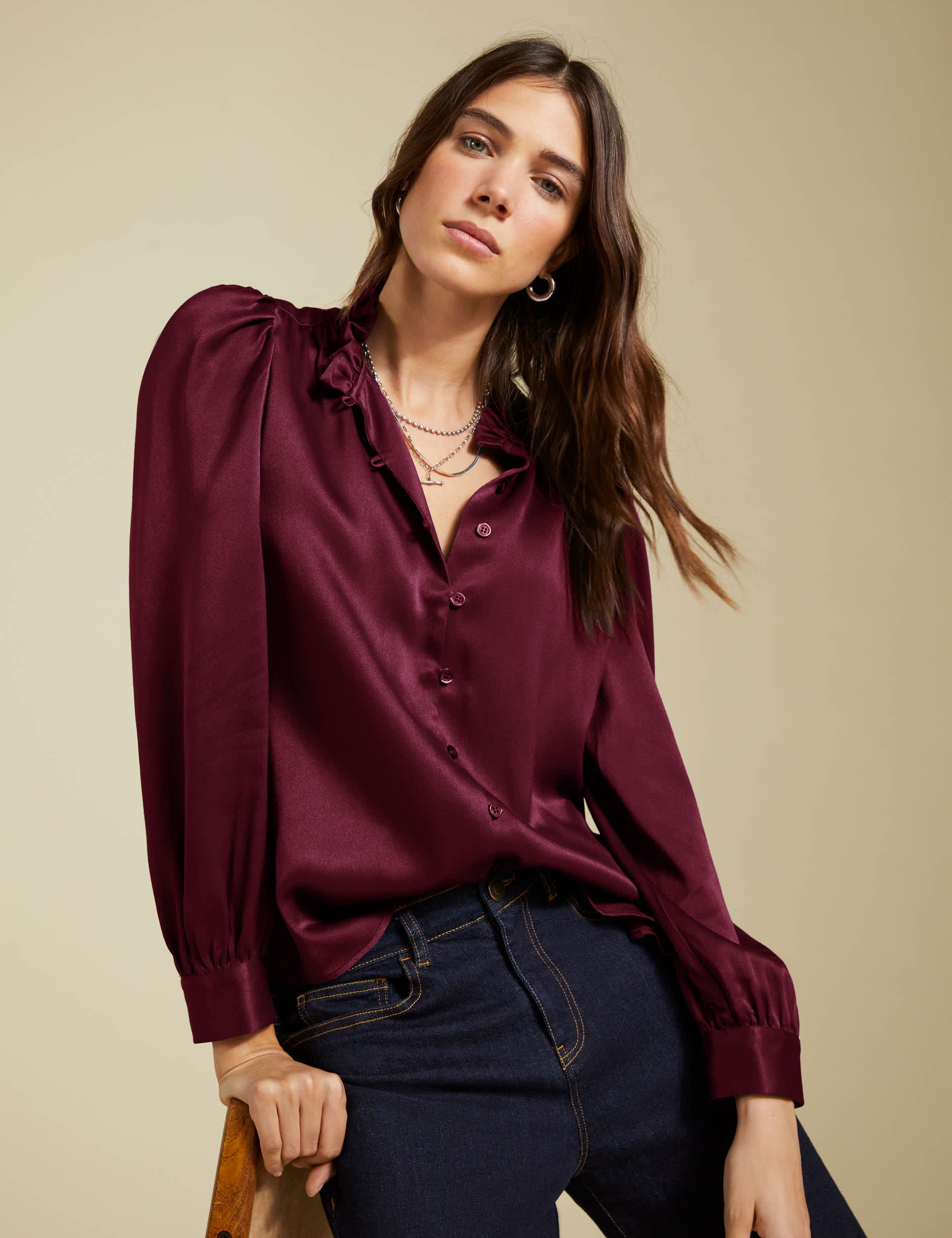 Baukjen Women's Satin Frill Neck Blouse - 14 - Burgundy, Burgundy