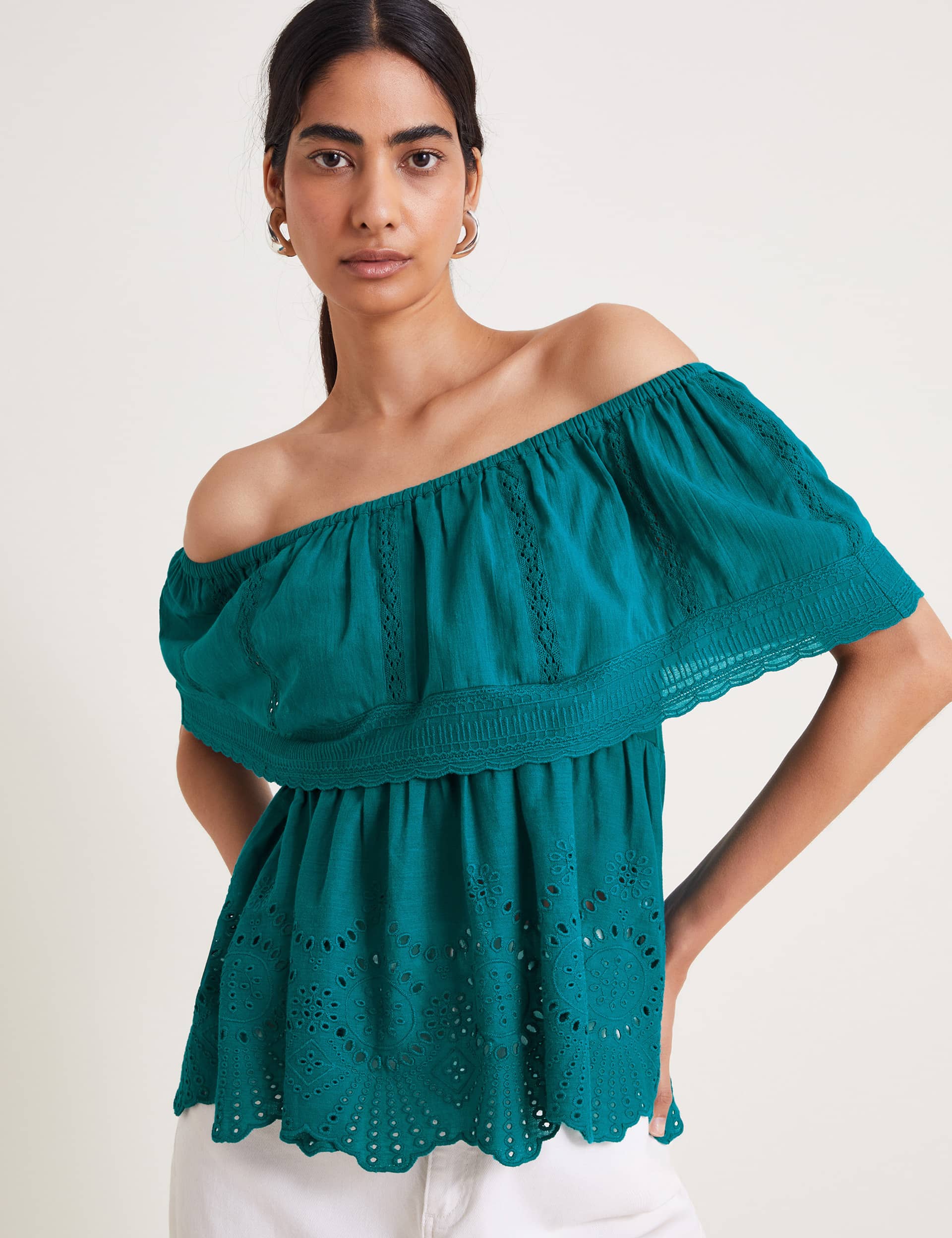 Monsoon Women's Pure Cotton Broderie Bardot Top - M - Teal, Teal