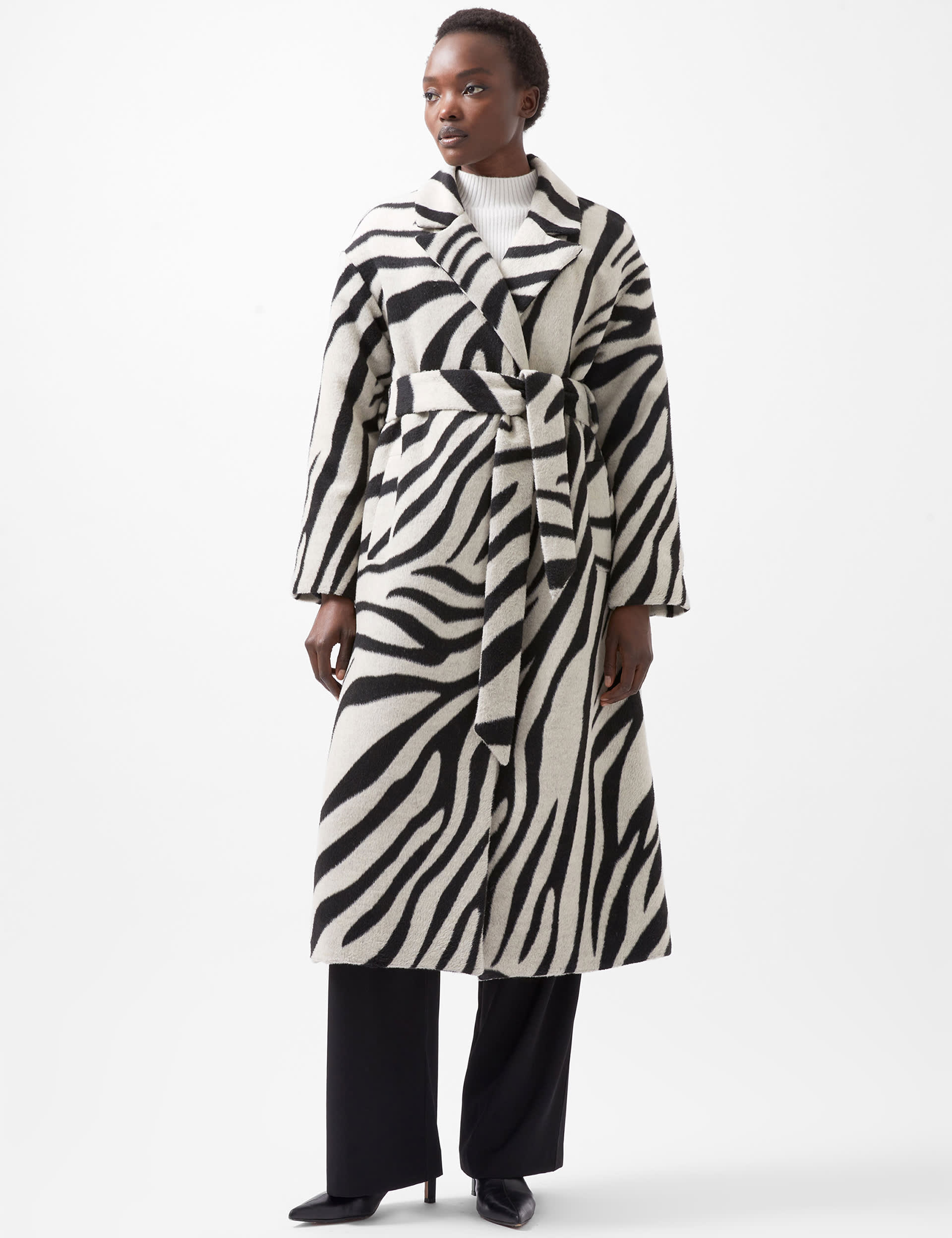 French Connection Women's Animal Print Belted Longline Wrap Coat - S - Black Mix, Black Mix