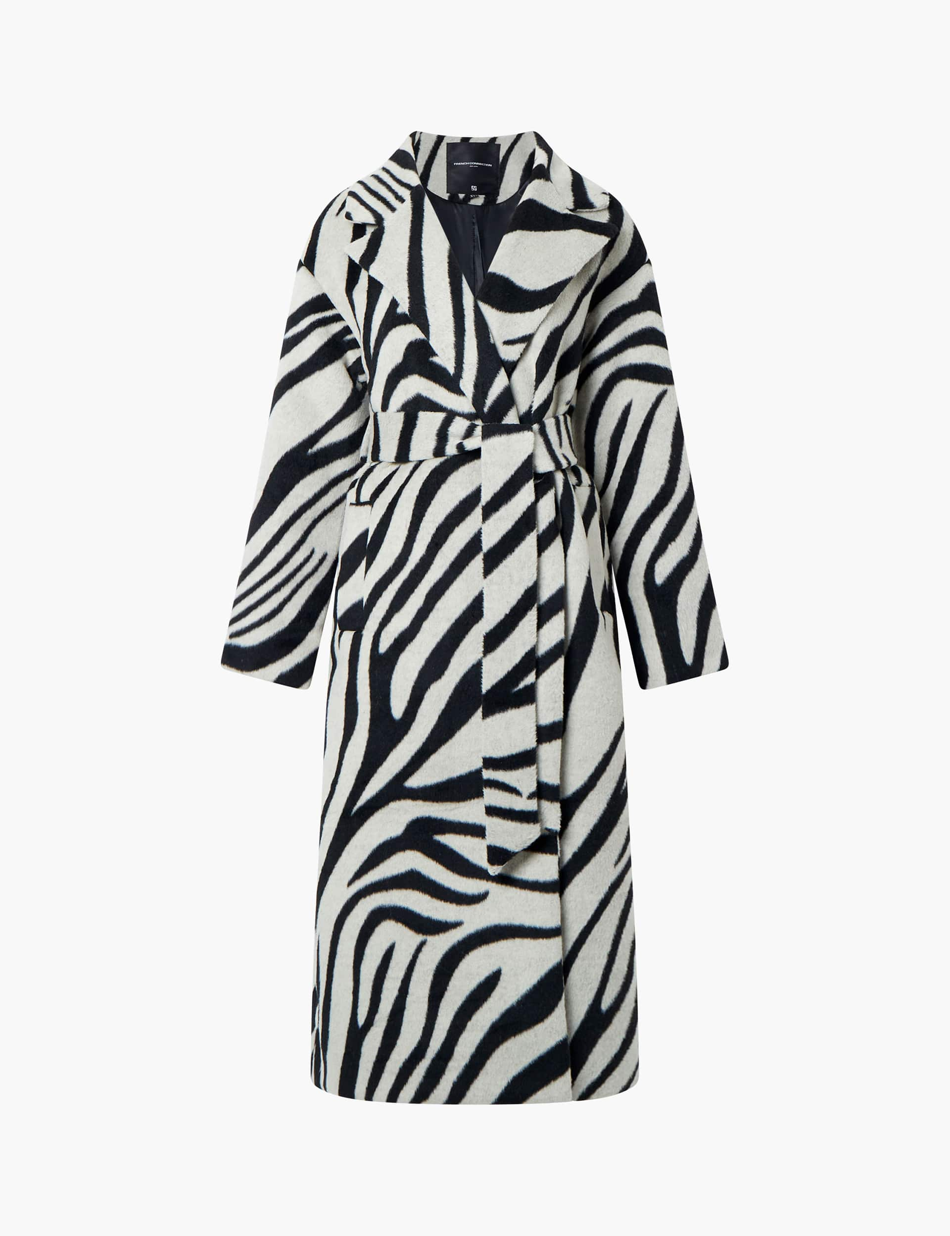 French Connection Women's Animal Print Belted Longline Wrap Coat - Black Mix, Black Mix