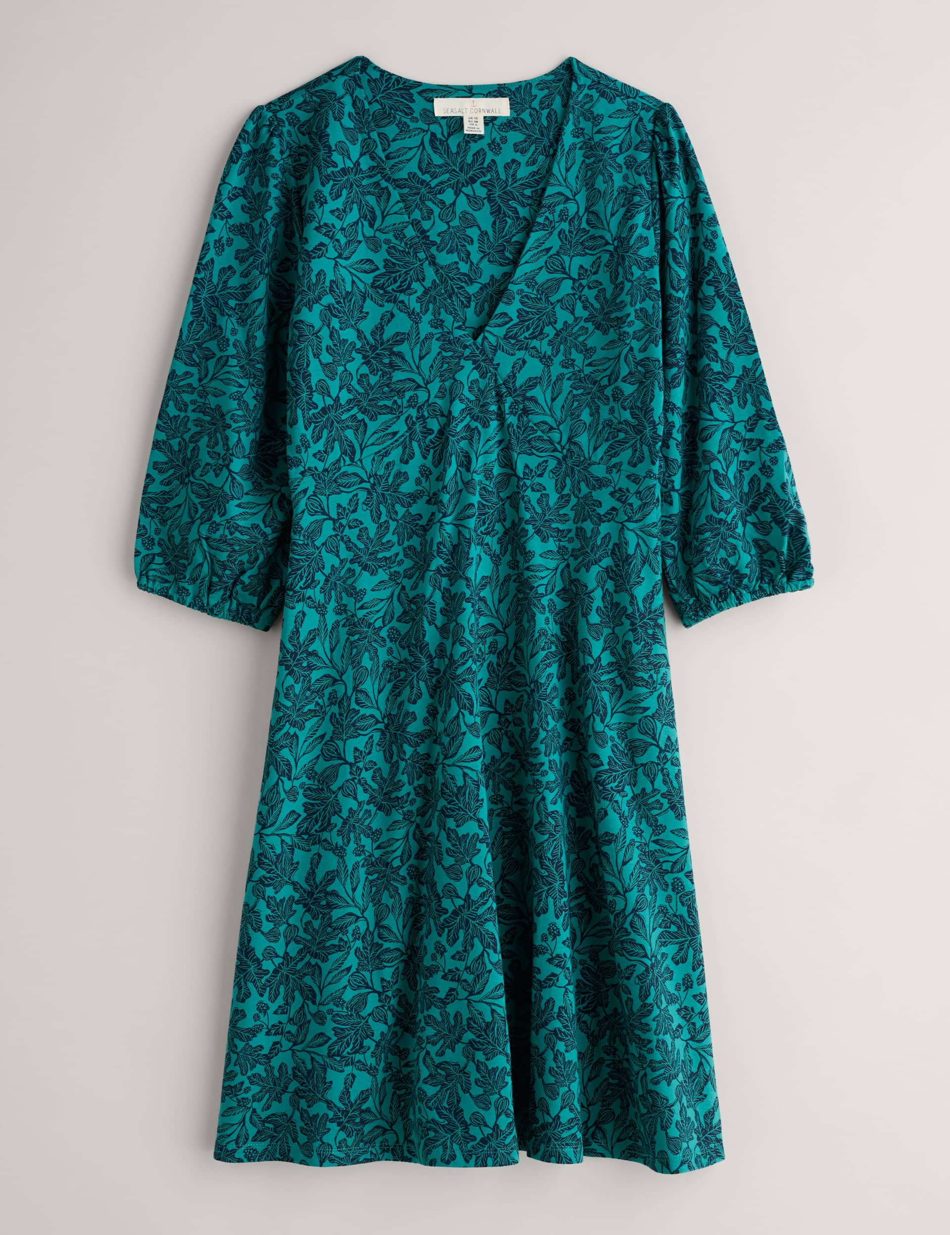 Seasalt Cornwall Women's Cotton Rich Printed V-Neck Waisted Dress - 8 - Teal Mix, Teal Mix