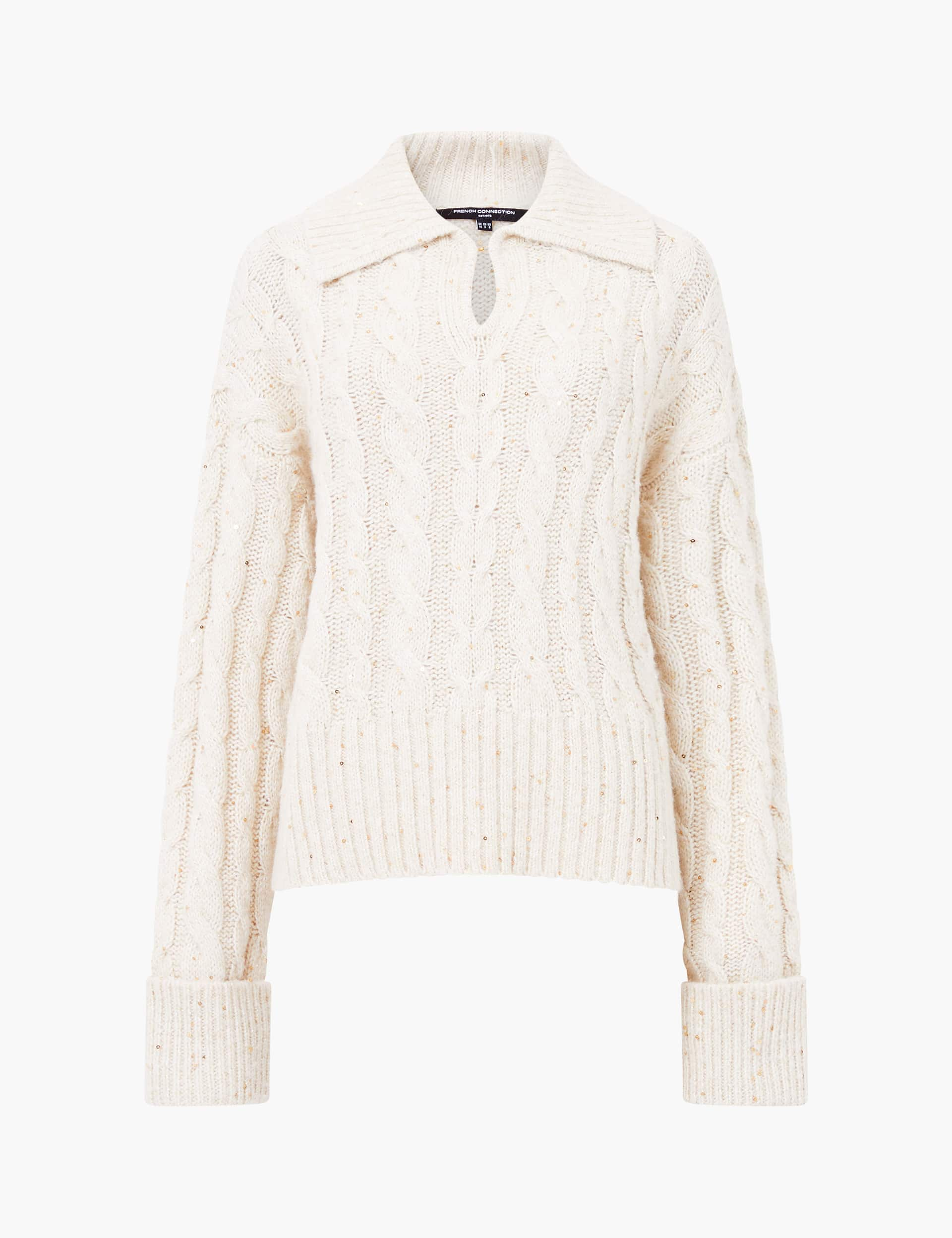 French Connection Women's Sparkly Cable Knit Collared Jumper - Cream, Cream