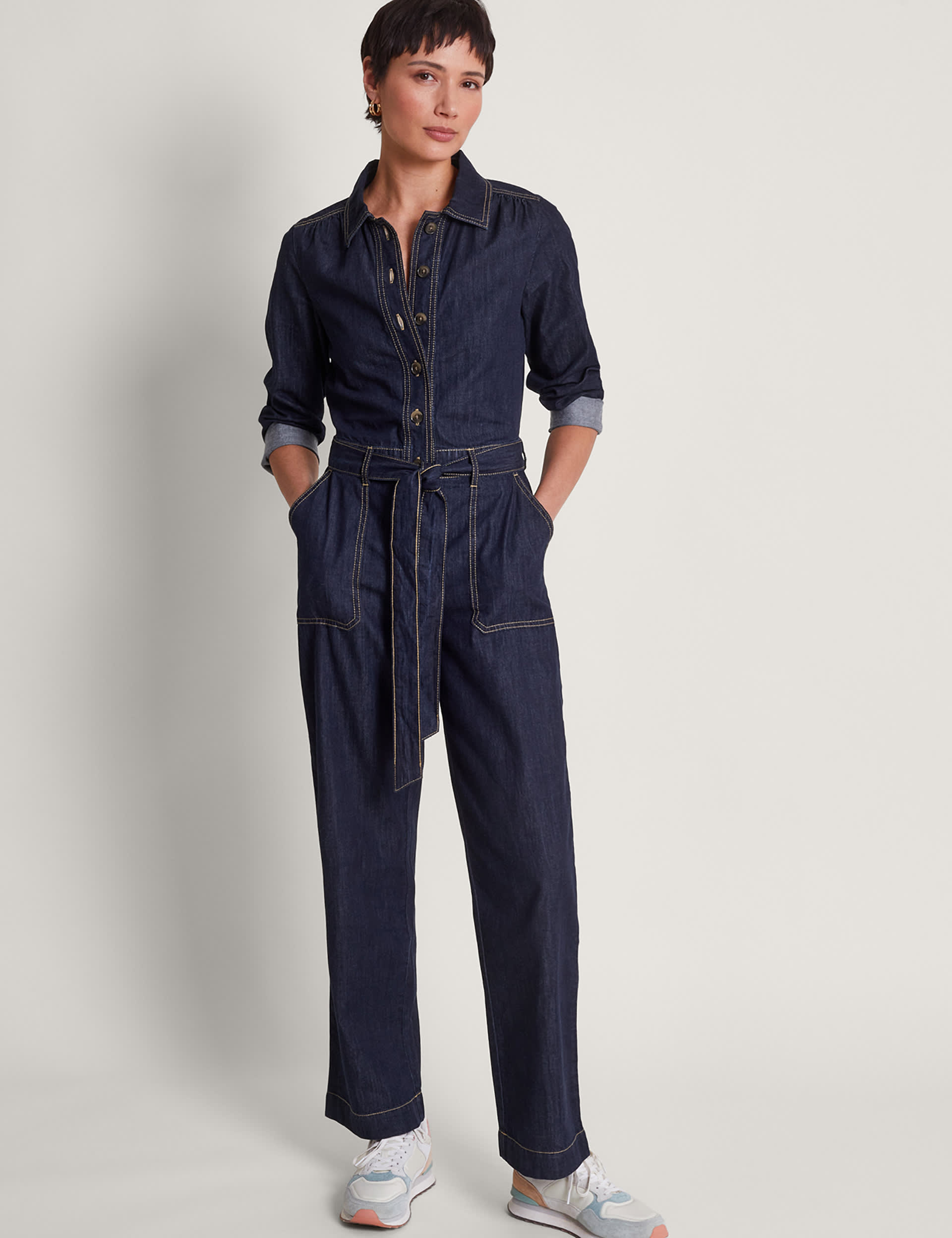 Monsoon Women's Denim Belted Long Sleeve Jumpsuit - 24 - Blue Denim, Blue Denim