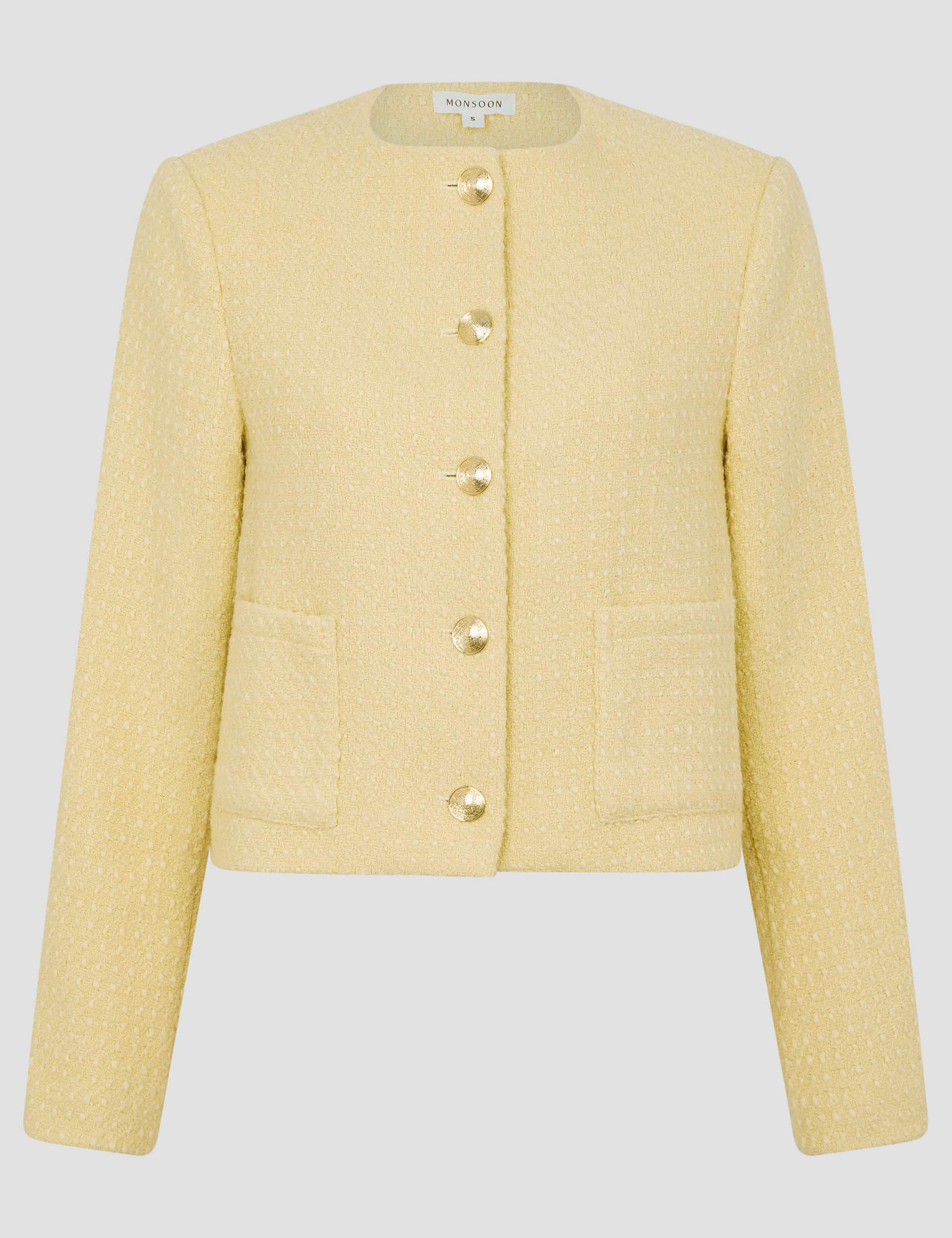 Monsoon Women's Tweed Textured Collarless Jacket with Wool - Yellow, Yellow