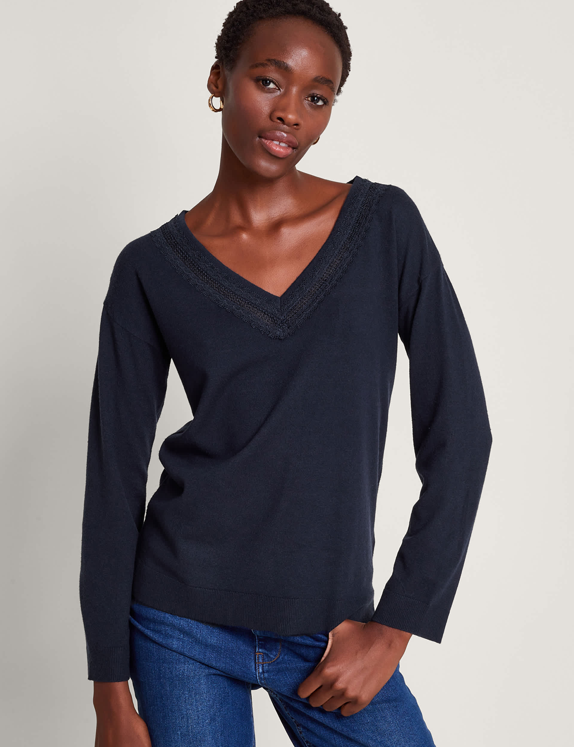 Monsoon Women's Lace Detail V-Neck Jumper - XXL - Navy, Navy