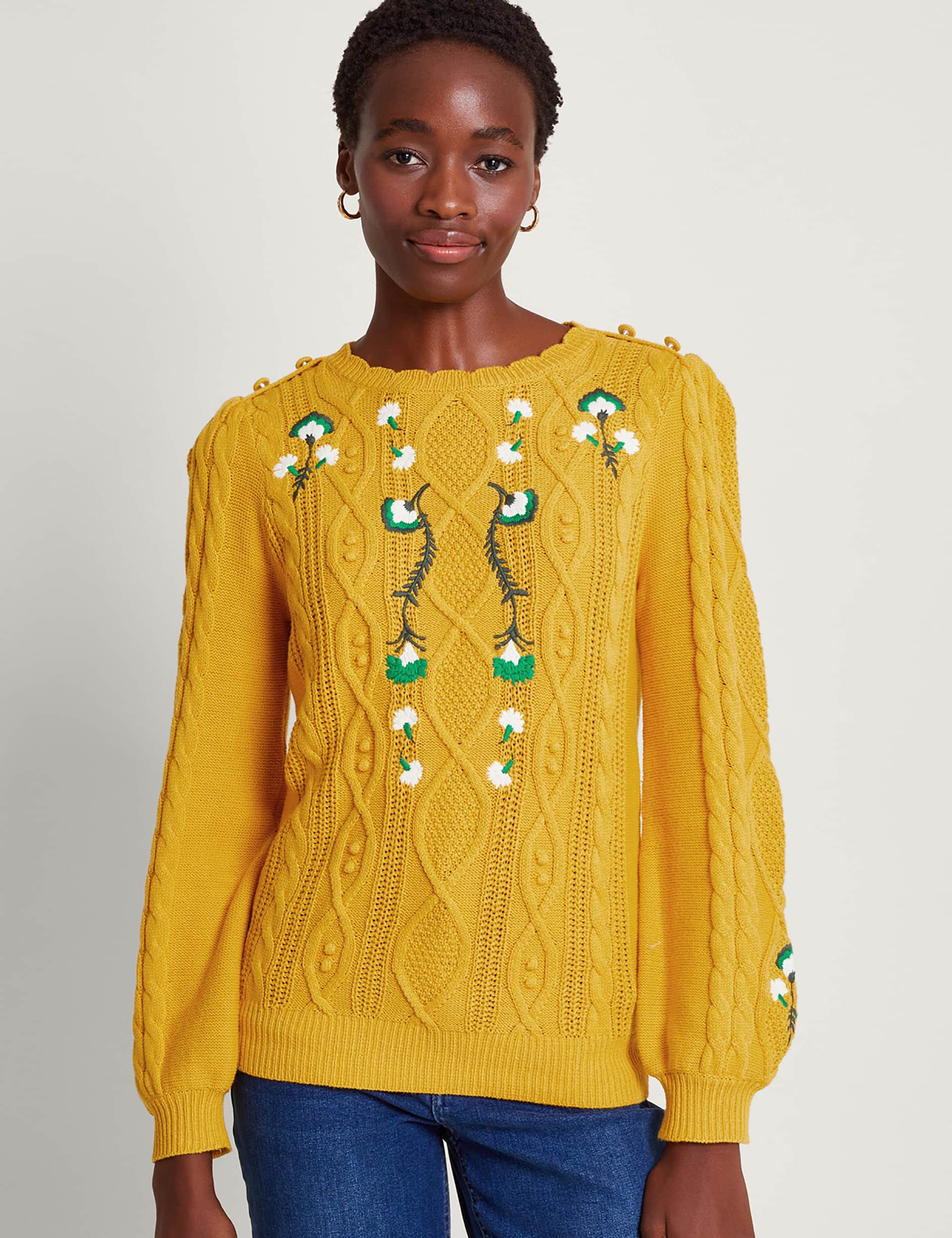 Monsoon Women's Pure Cotton Embroidered Cable Knit Jumper - XL - Yellow Mix, Yellow Mix