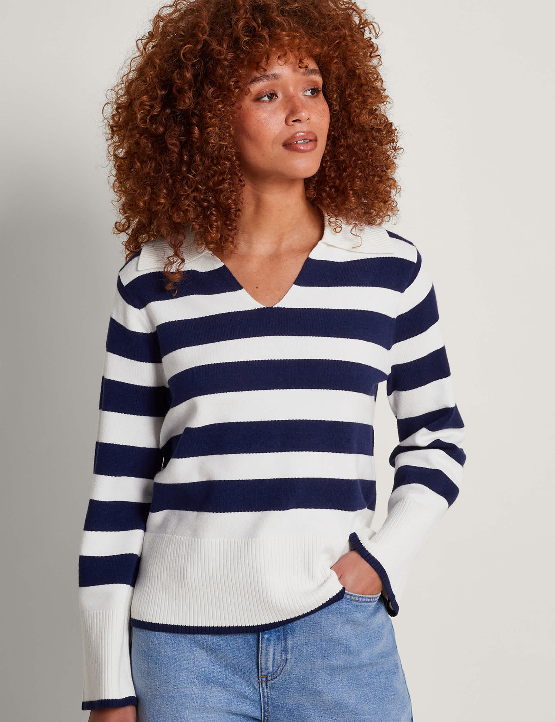 Monsoon Women's Striped Collared V-Neck Jumper - XL - Ivory Mix, Ivory Mix