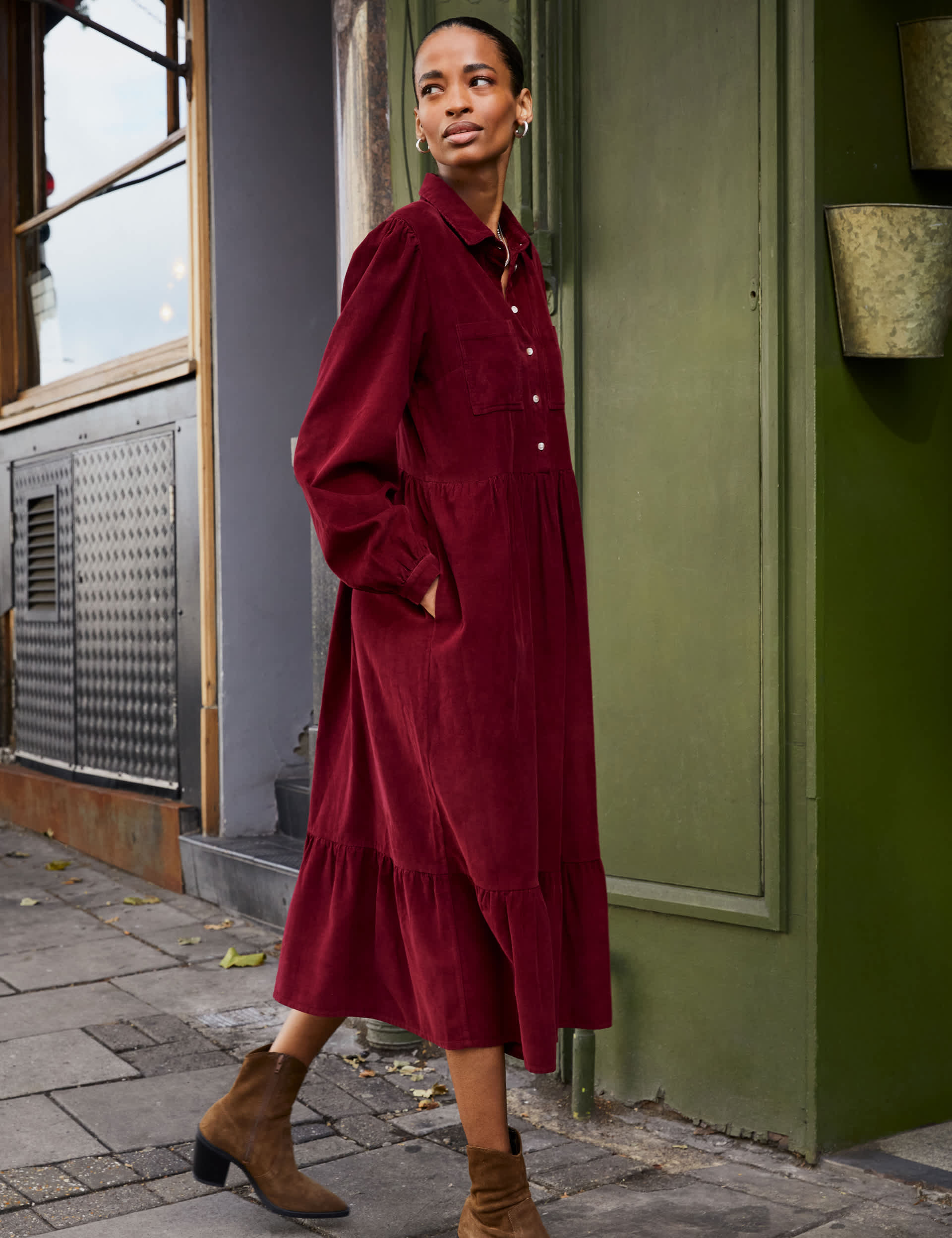 Baukjen Women's Cord Midi Shirt Dress - 10 - Burgundy, Burgundy