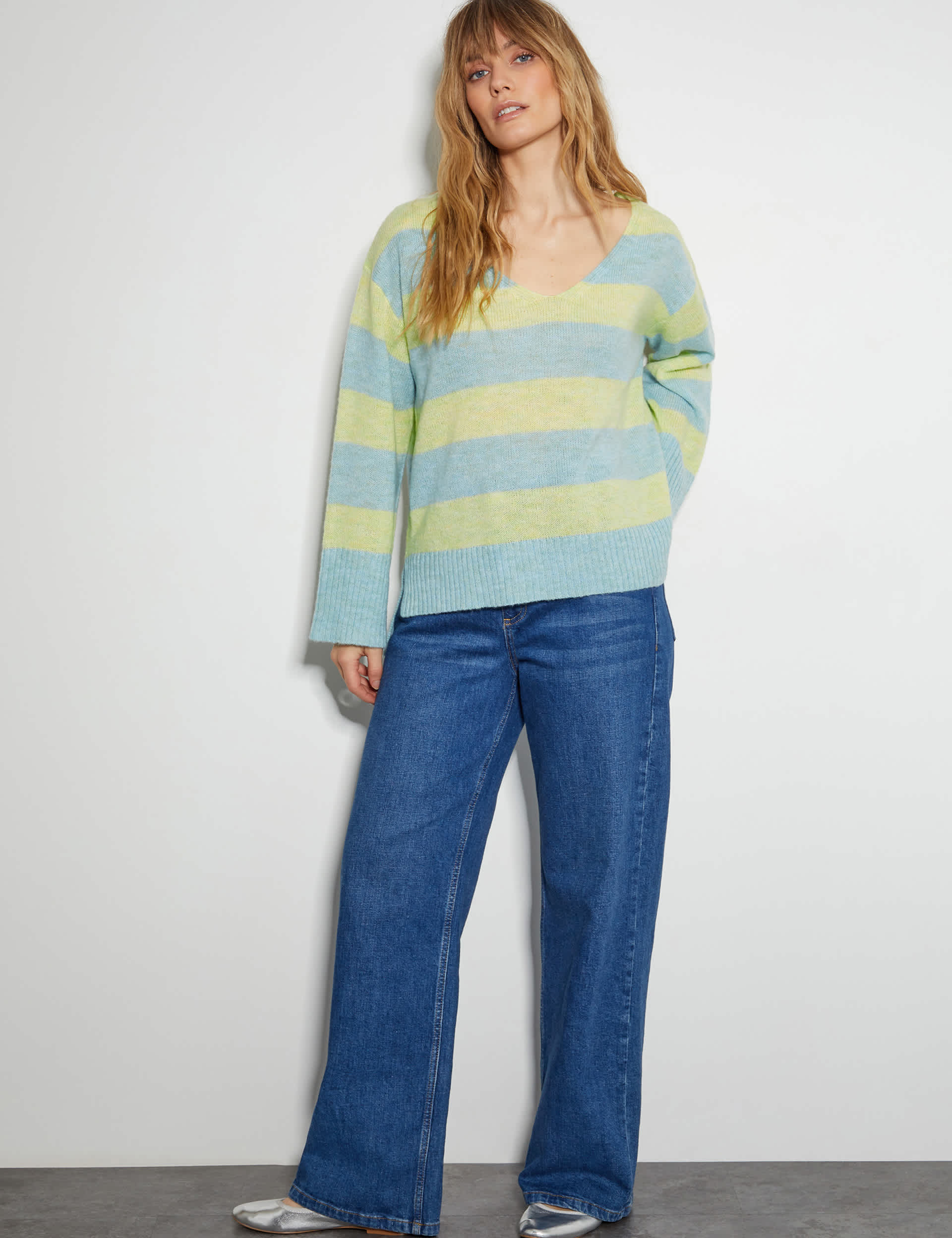 Monsoon Women's Striped V-Neck Jumper with Wool - Yellow Mix, Yellow Mix