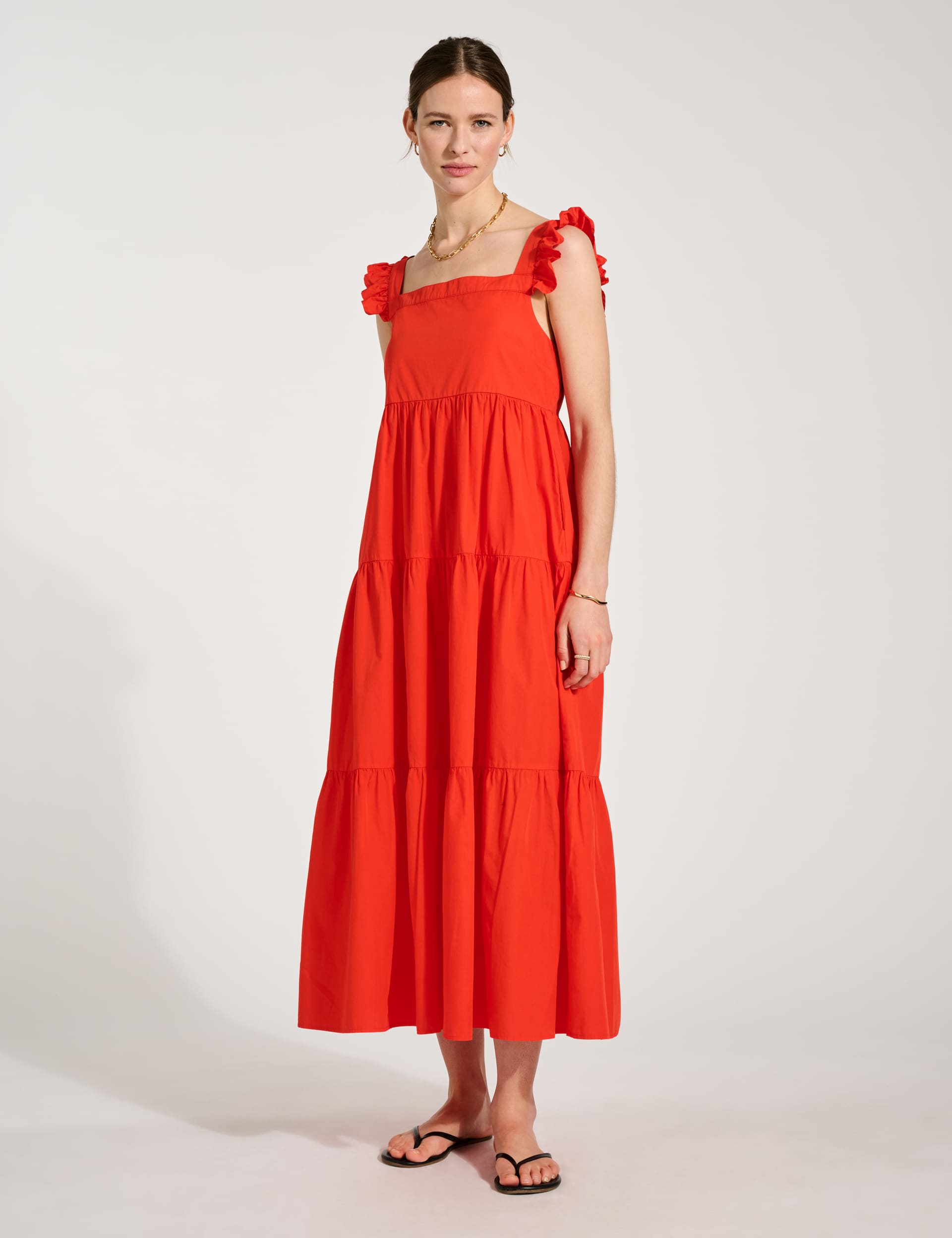 Baukjen Women's Pure Cotton Square Neck Midi Tiered Dress