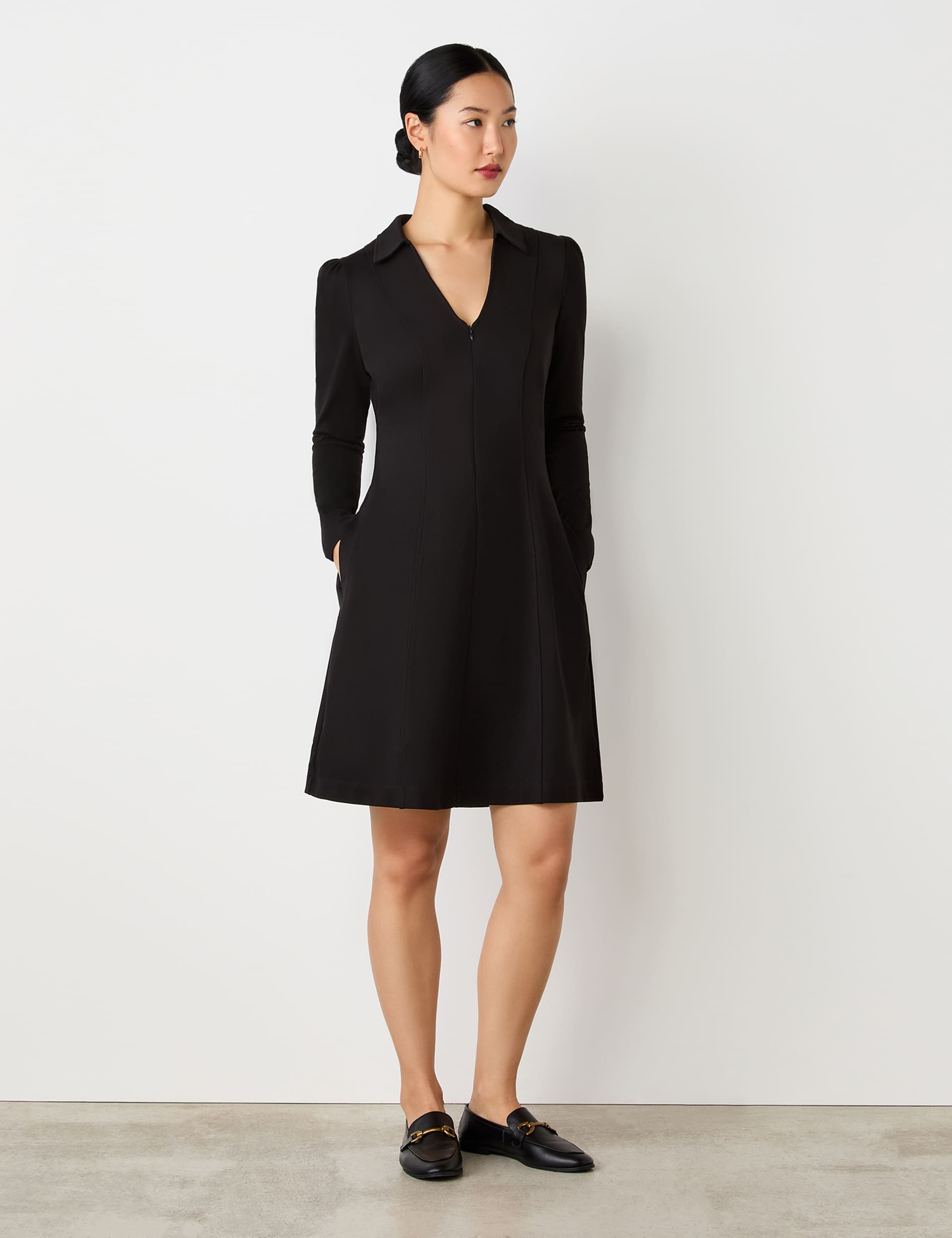 Finery London Women's Ponte Jersey Collared Zip Front Knee Length Dress - 16 - Black, Green,Black,Br