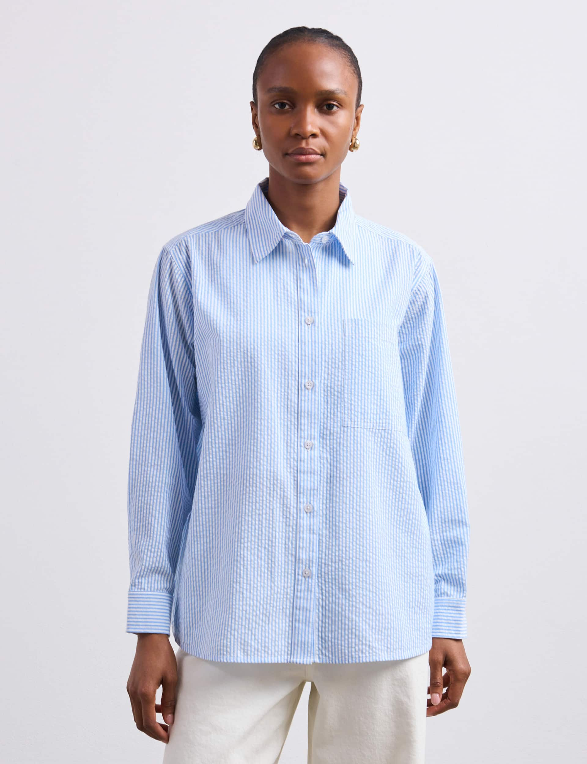 Finery London Women's Pure Cotton Striped Button Through Shirt - 12 - Blue Mix, Blue Mix