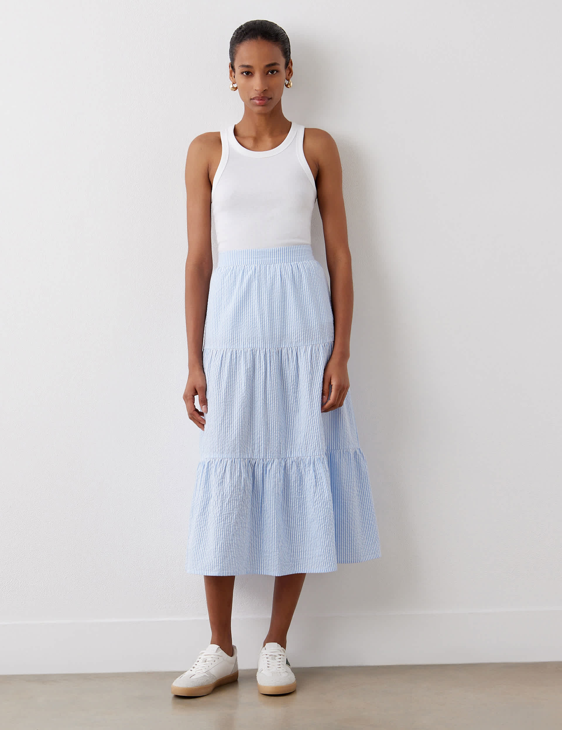 Finery London Women's Pure Cotton Striped Midi Tiered Skirt - 16 - Blue Mix, Blue Mix