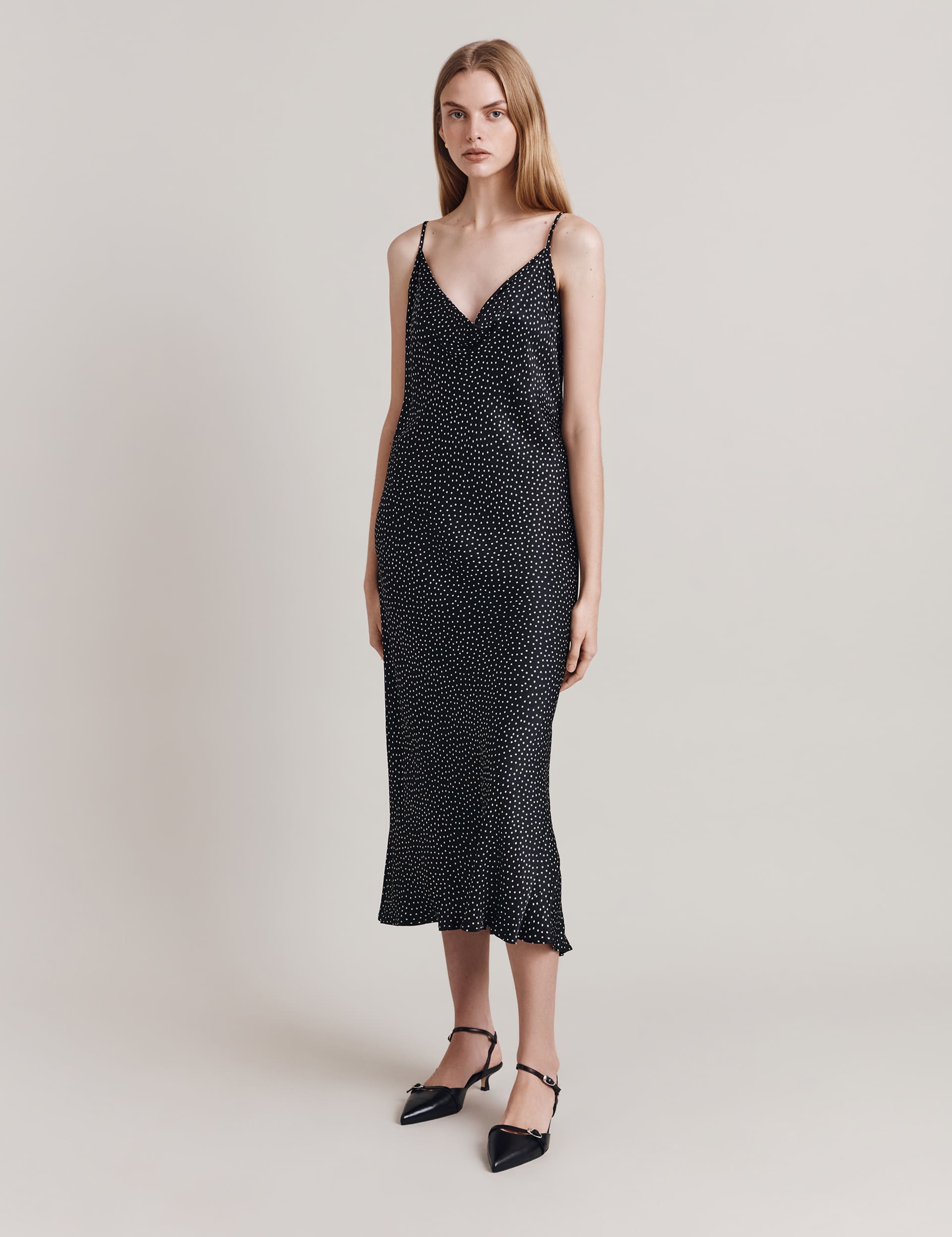 Ghost Women's Satin Polka Dot Cowl Neck Midi Slip Dress - XL - Black Mix, Black Mix