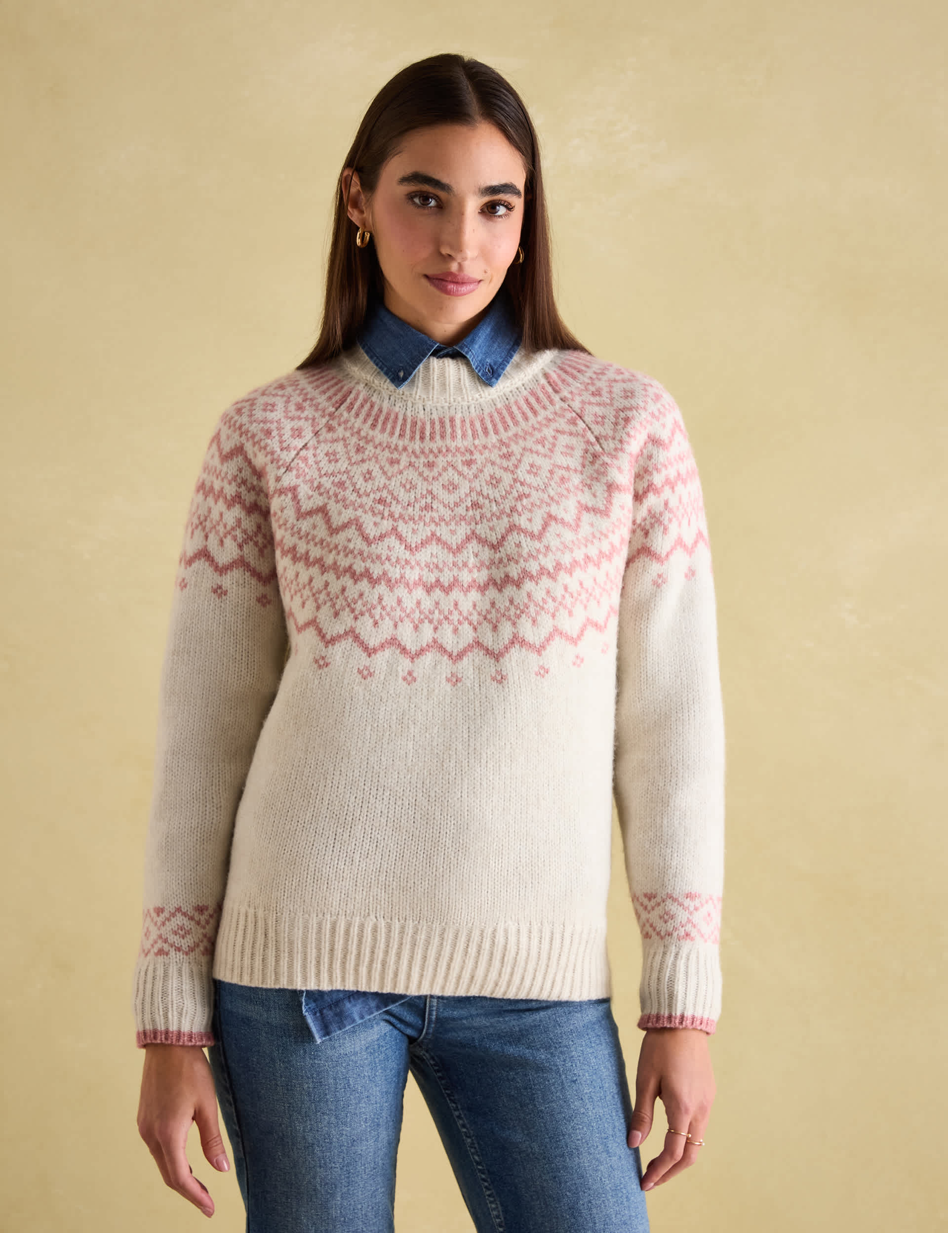 Joules Women's Fair Isle Crew Neck Jumper with Wool - 12 - Cream, Cream,Pink