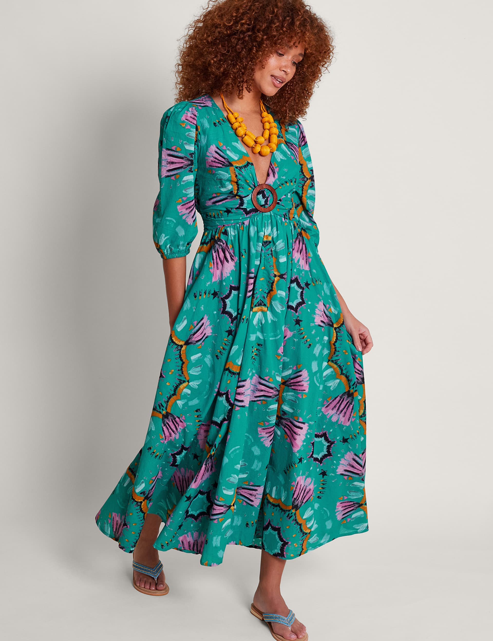 Monsoon Women's Pure Cotton Printed V-Neck Midaxi Dress