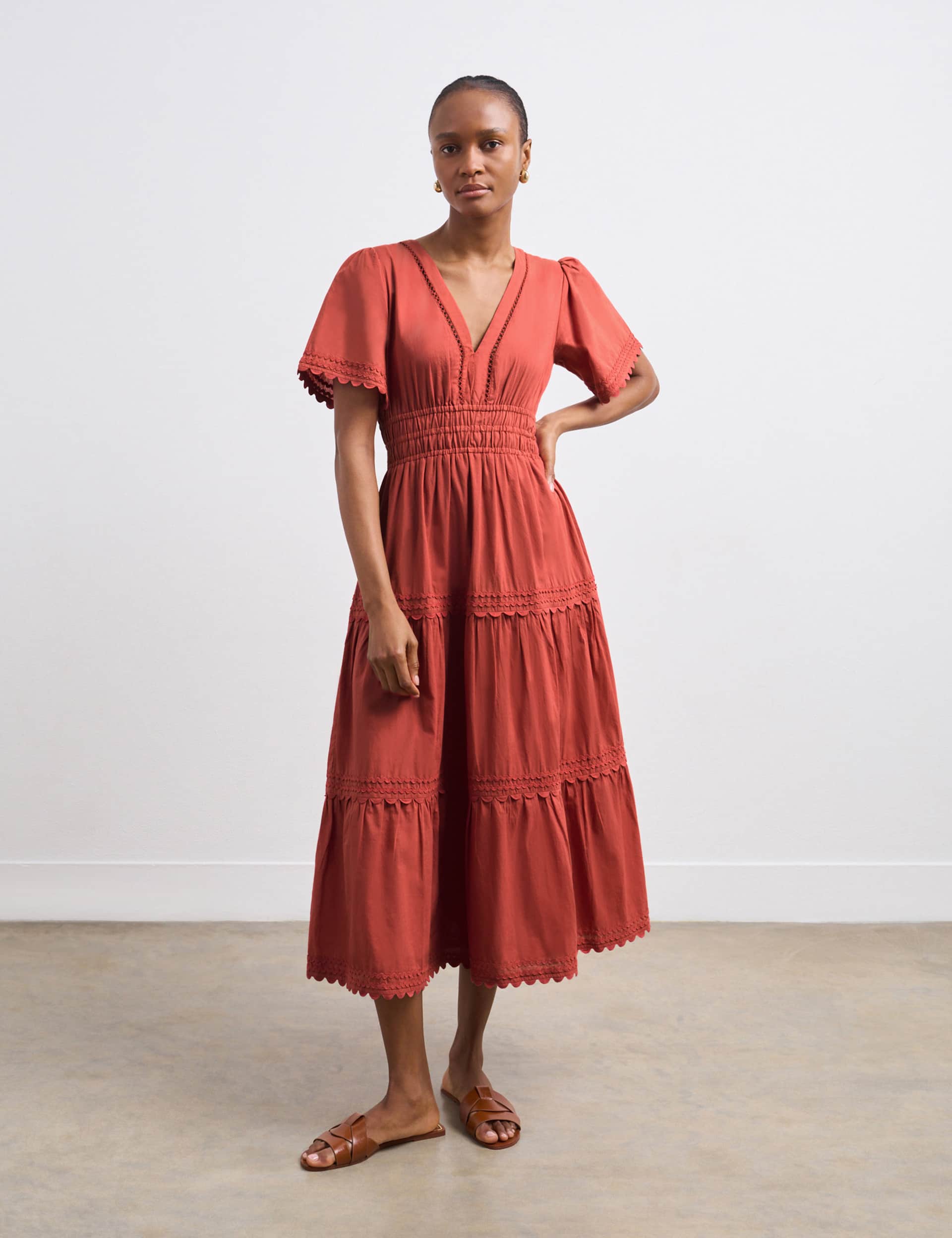 Finery London Women's Pure Cotton V-Neck Midi Tiered Dress