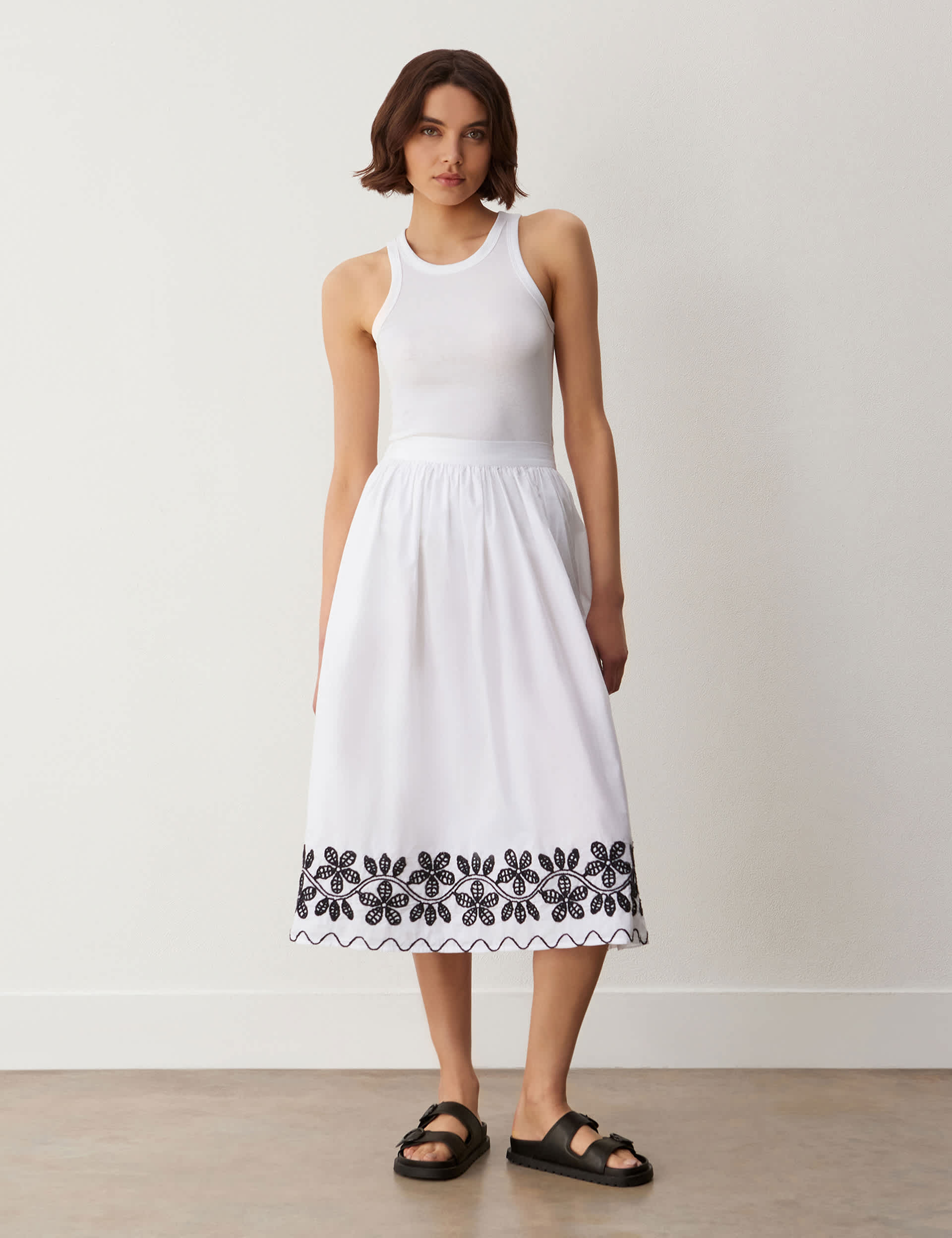 Finery London Women's Pure Cotton Embroidered Midi A-Line Skirt - 16 - White, White