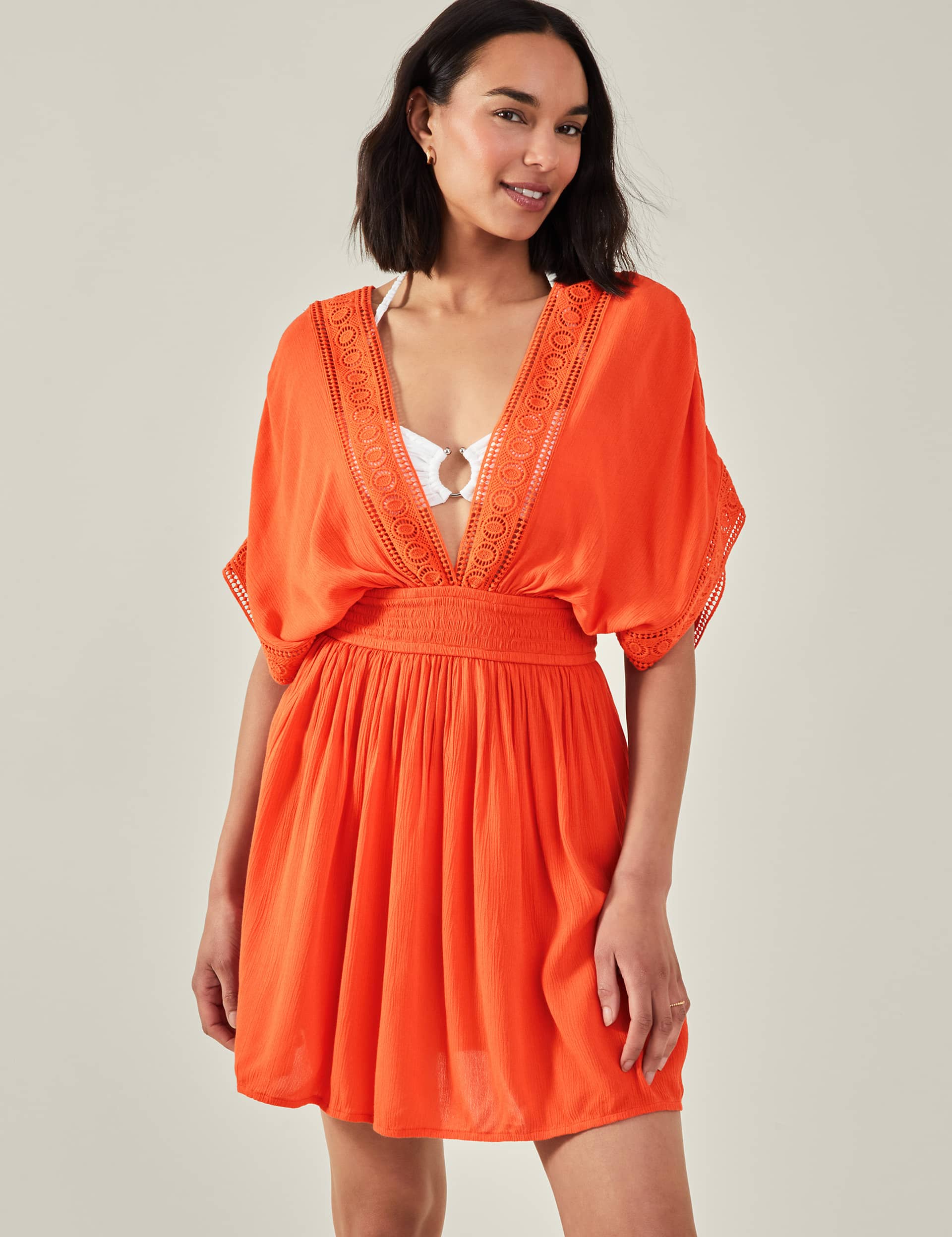 Accessorize Women's V-Neck Lace Insert Mini Kaftan Dress - Orange, Orange