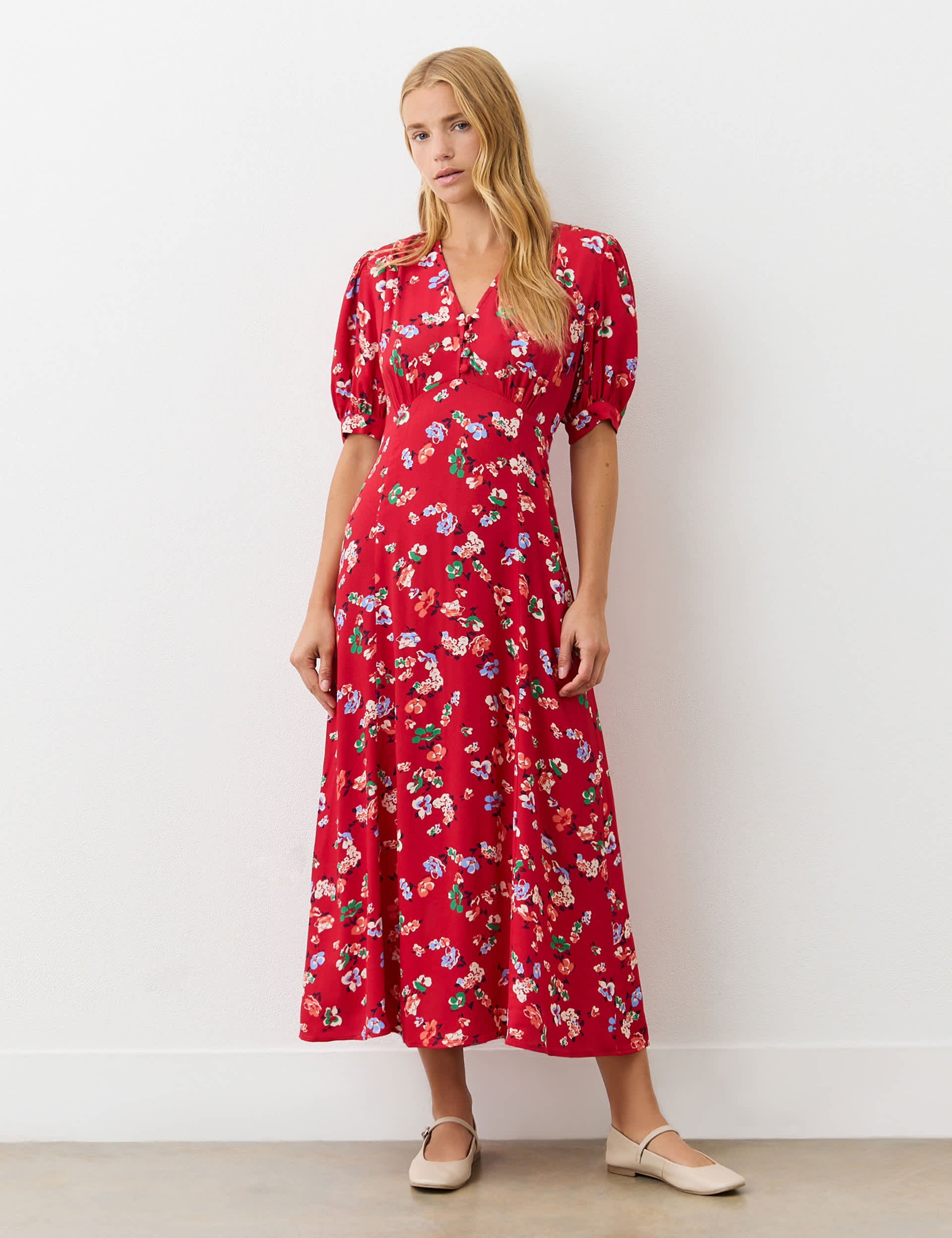 Finery London Women's Crepe Floral V-Neck Midi Tea Dress - 12 - Red Mix, Black Mix,Red Mix