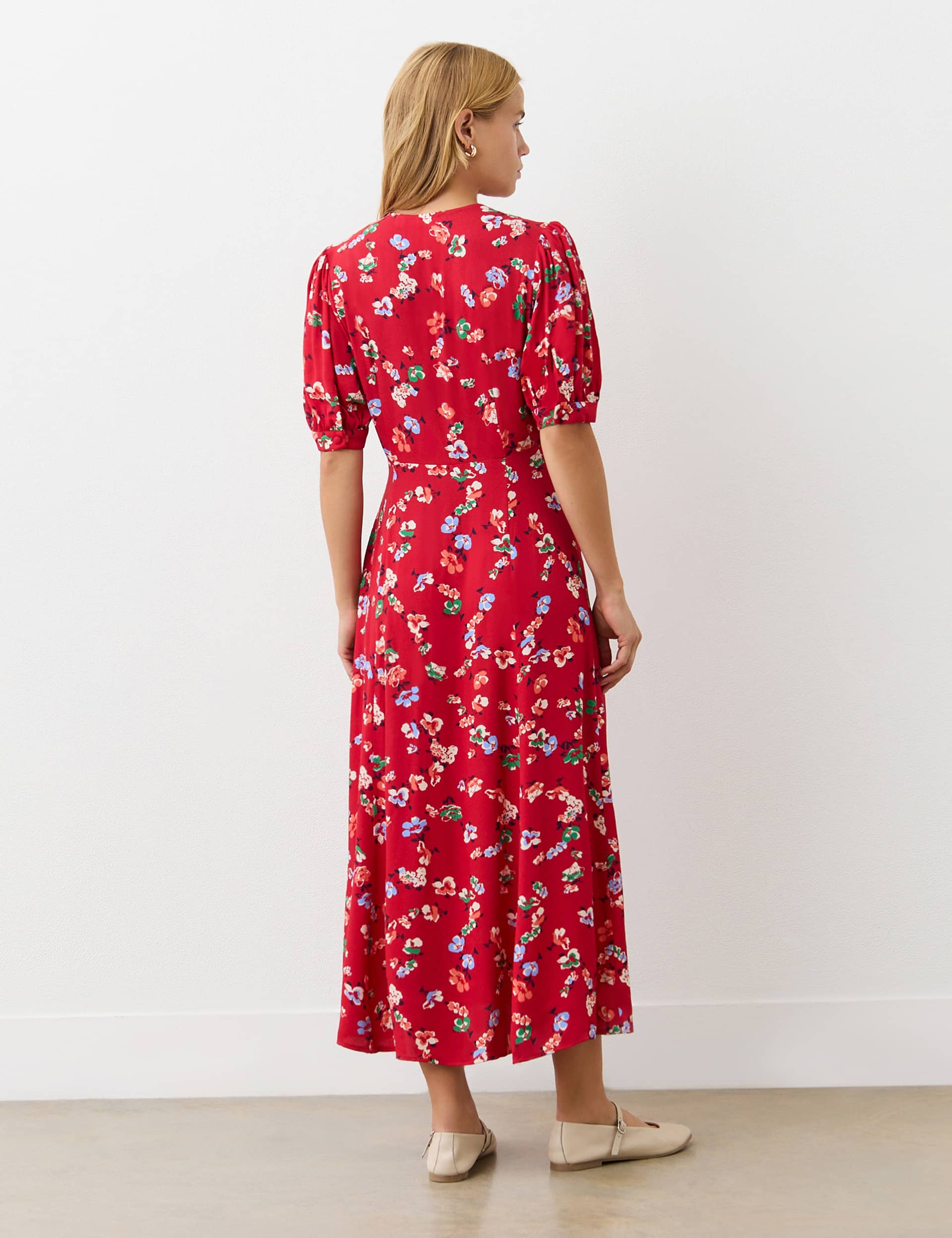 Finery London Women's Crepe Floral V-Neck Midi Tea Dress - 12 - Red Mix, Red Mix